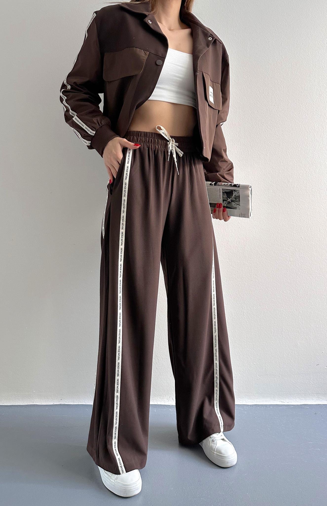 Şerit Detaylı Pantolon KAHVERENGİ