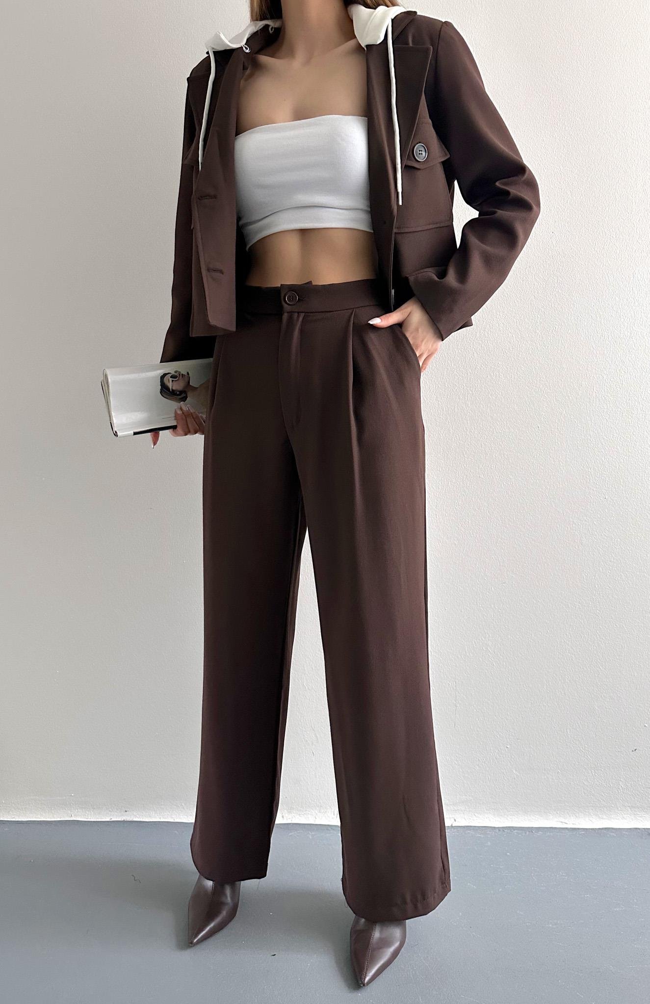 Tek Pileli Kumaş Pantolon KAHVERENGİ