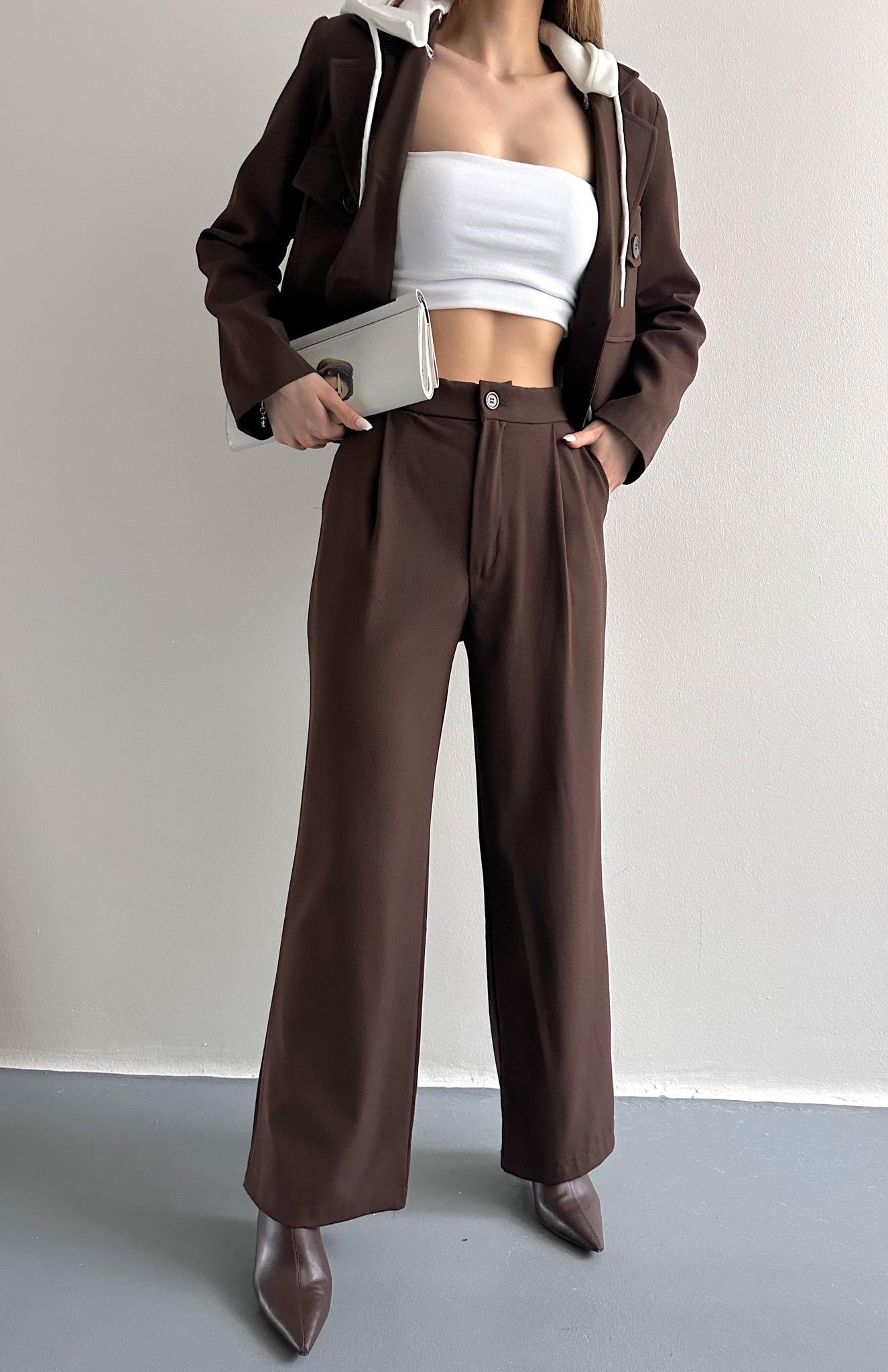 Tek Pileli Kumaş Pantolon KAHVERENGİ