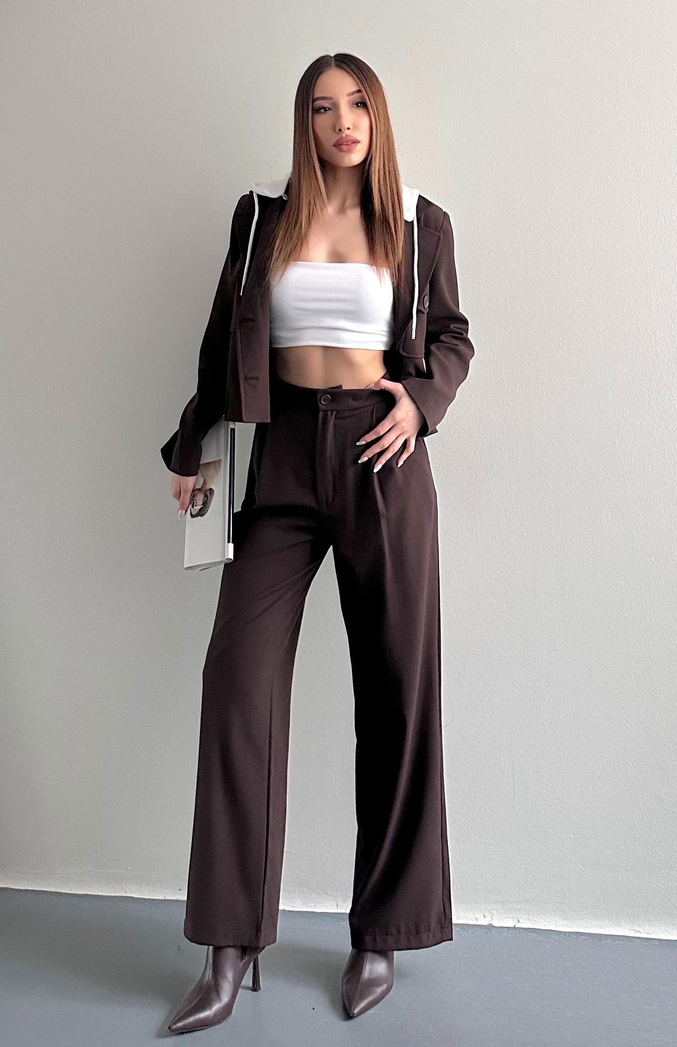 Tek Pileli Kumaş Pantolon KAHVERENGİ