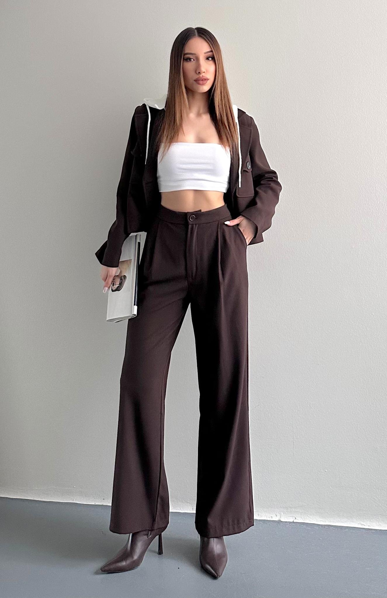 Tek Pileli Kumaş Pantolon KAHVERENGİ