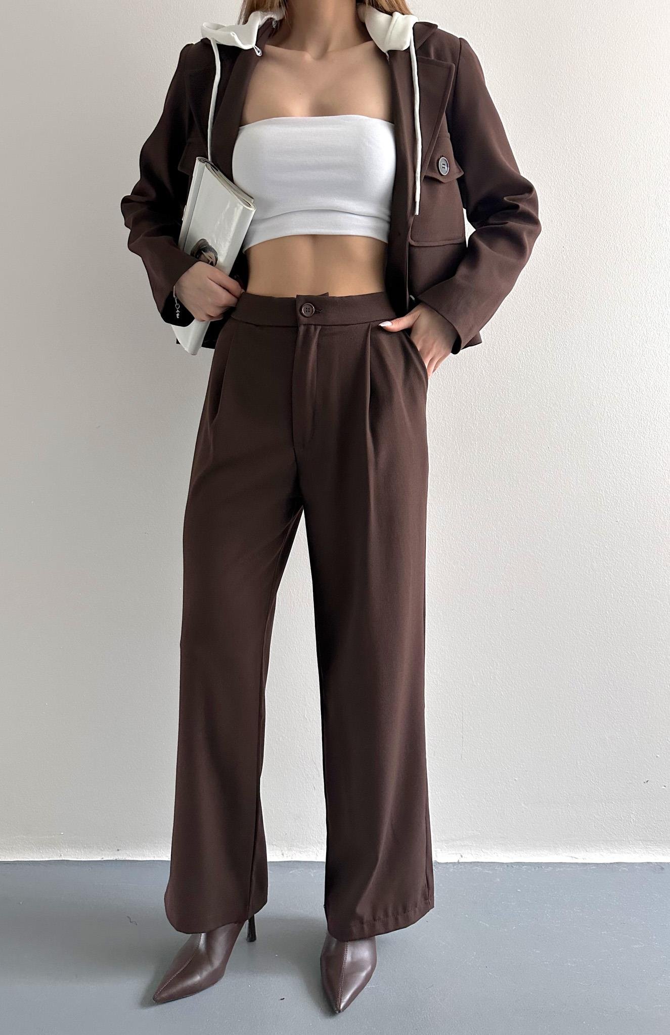 Tek Pileli Kumaş Pantolon KAHVERENGİ