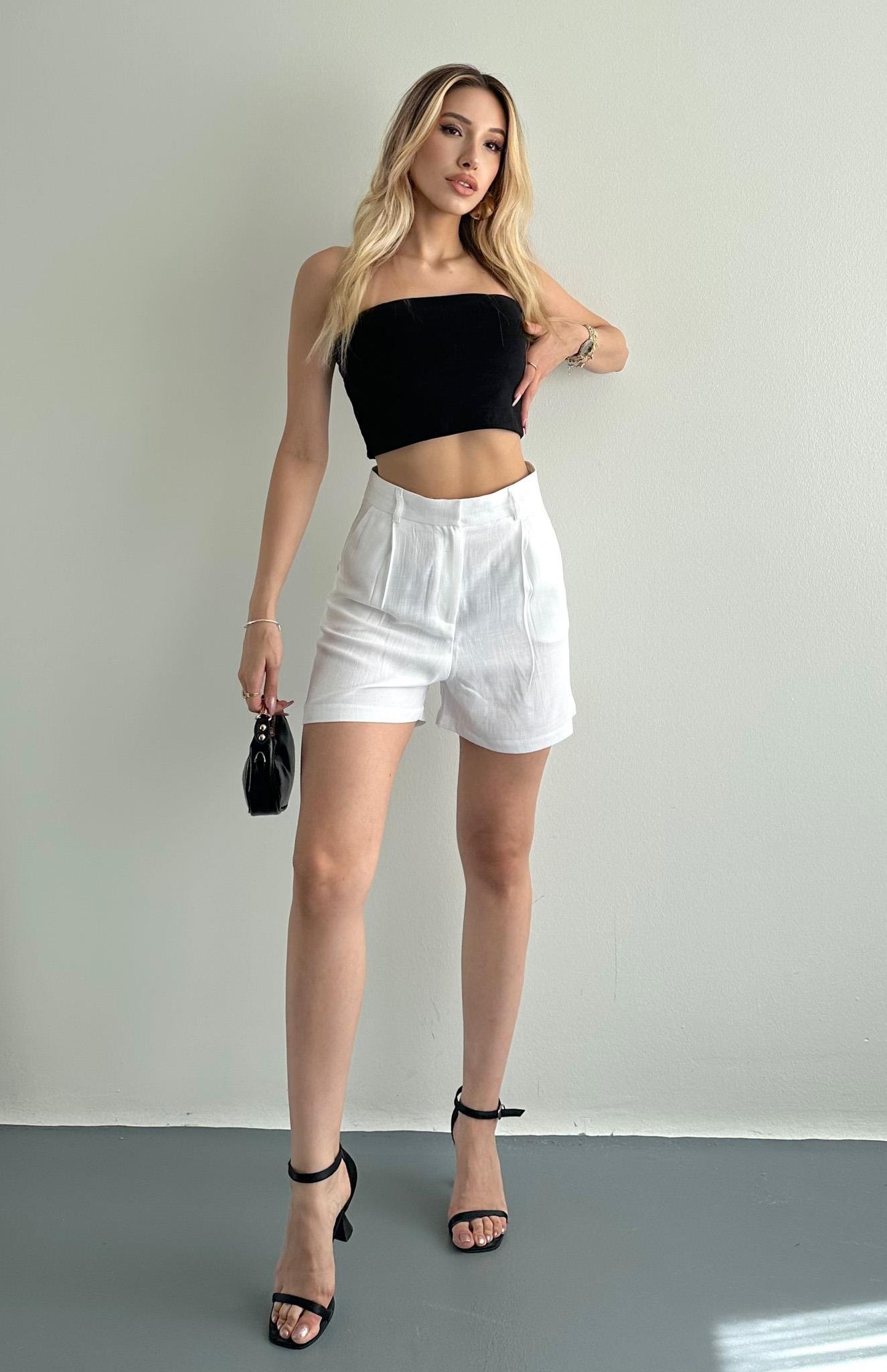 Yüksek Bel Keten Şort BEYAZ