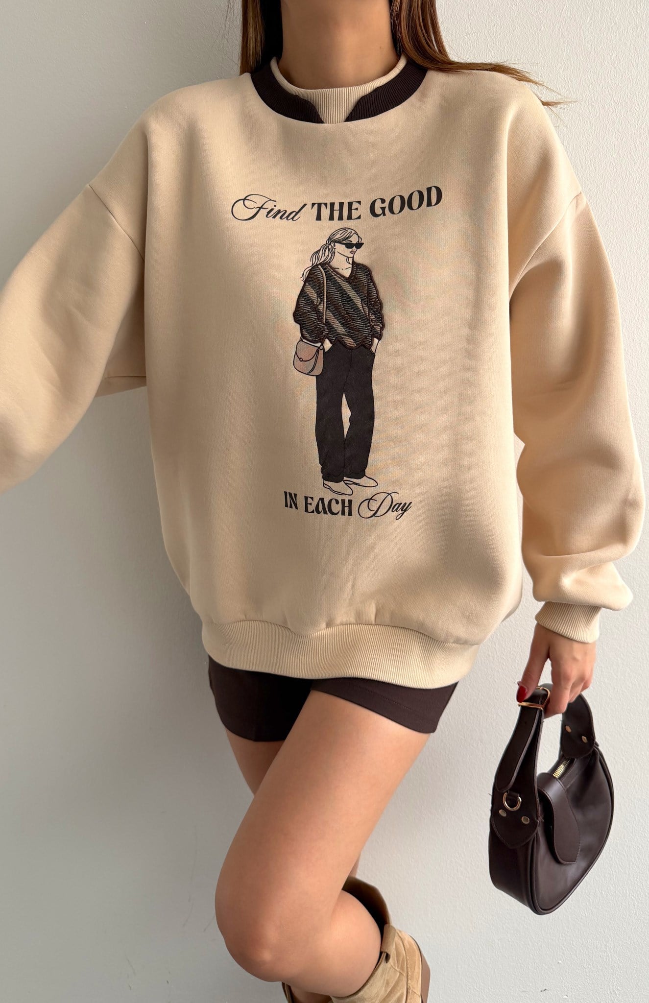 Baskı Detaylı Sweatshırt BEJ