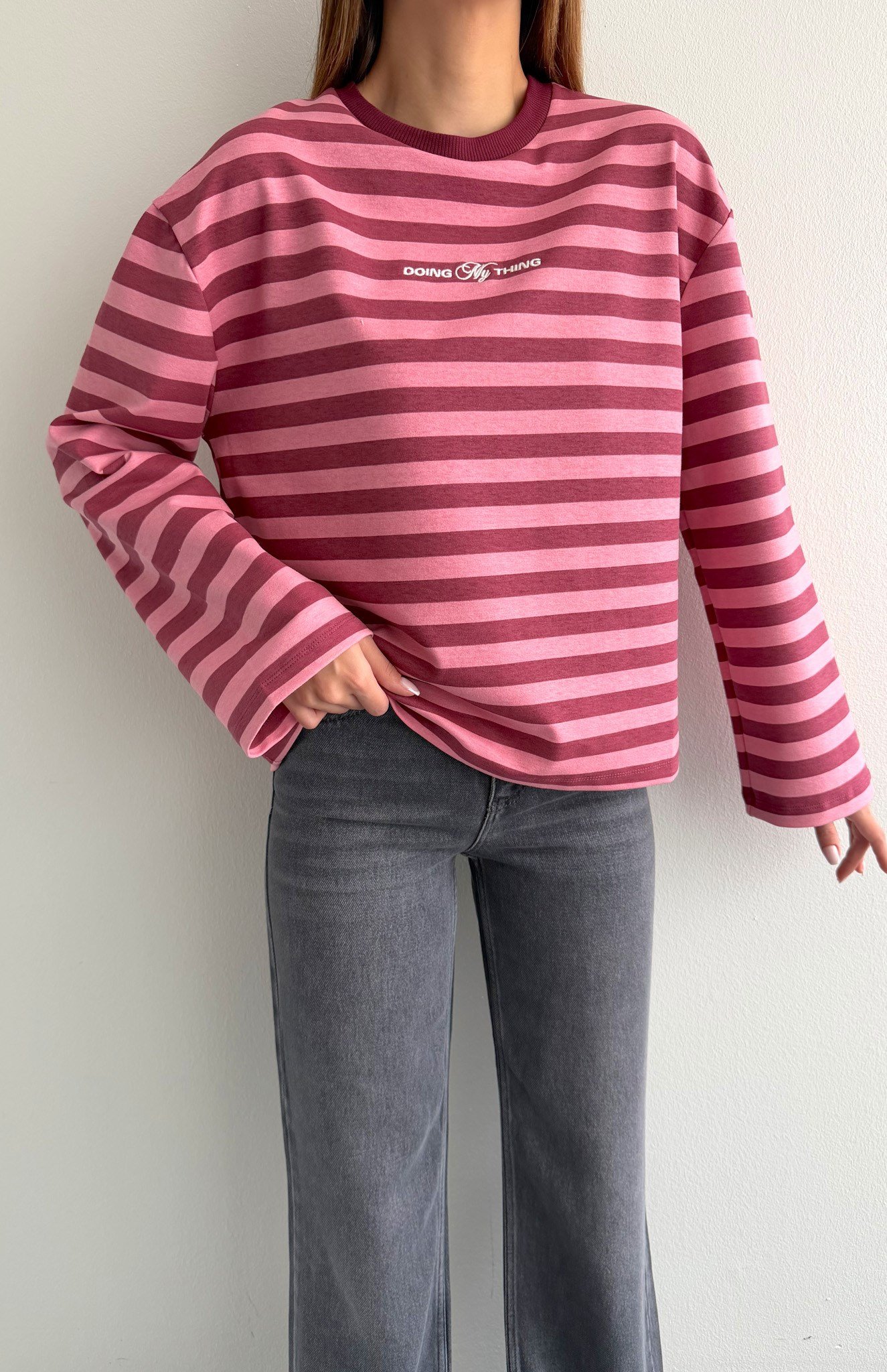 Bisiklet Yaka Çizgili Sweatshırt PEMBE