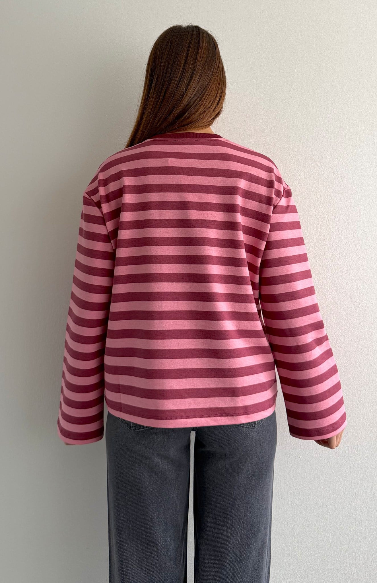 Bisiklet Yaka Çizgili Sweatshırt PEMBE