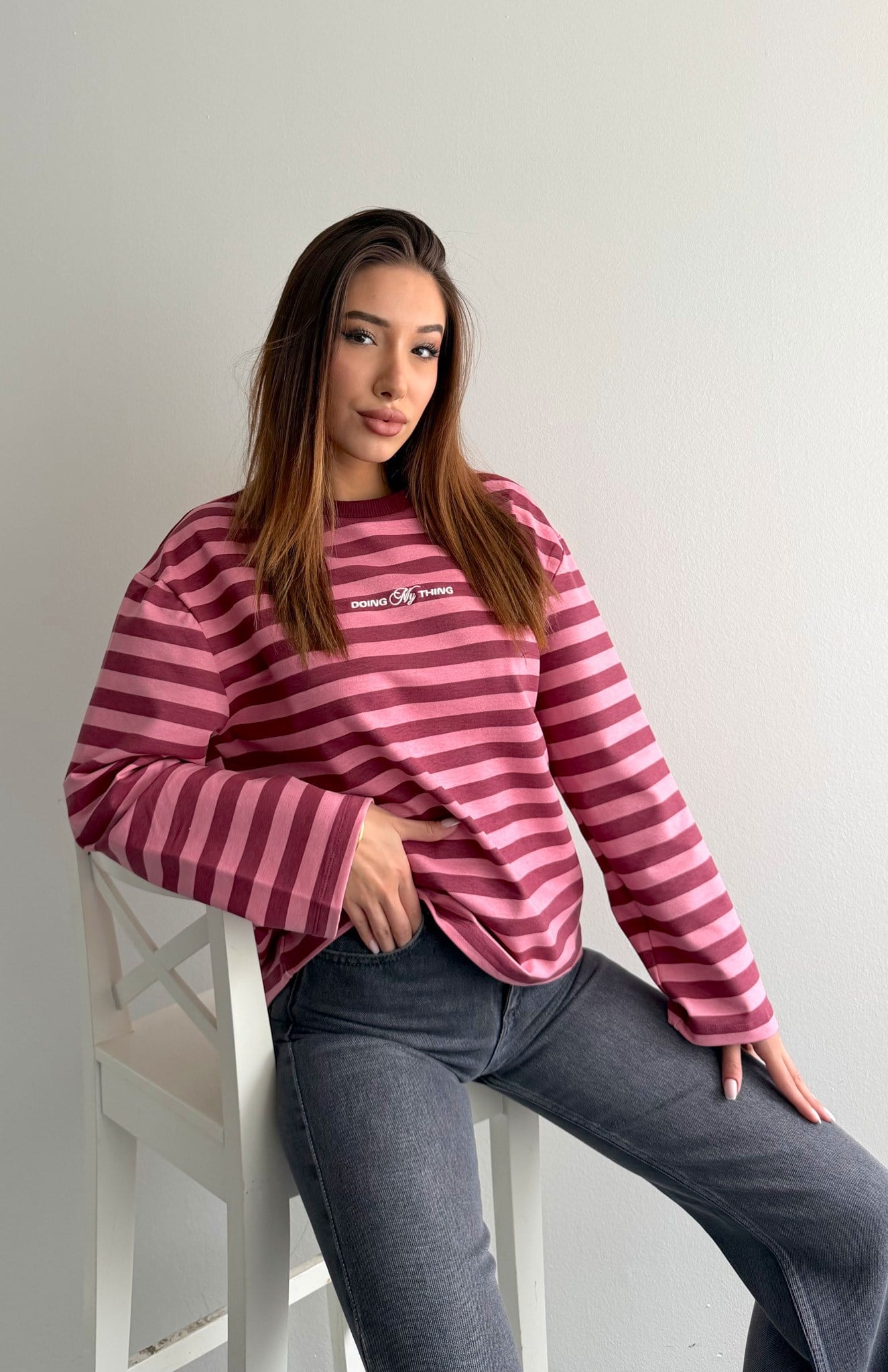 Bisiklet Yaka Çizgili Sweatshırt PEMBE
