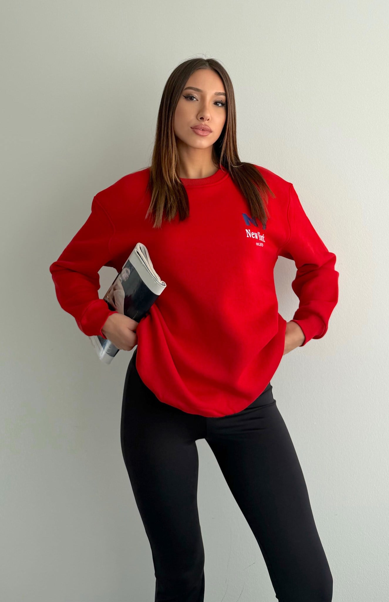 Bisiklet Yaka Yan NY Baskı Sweatshırt KIRMIZI