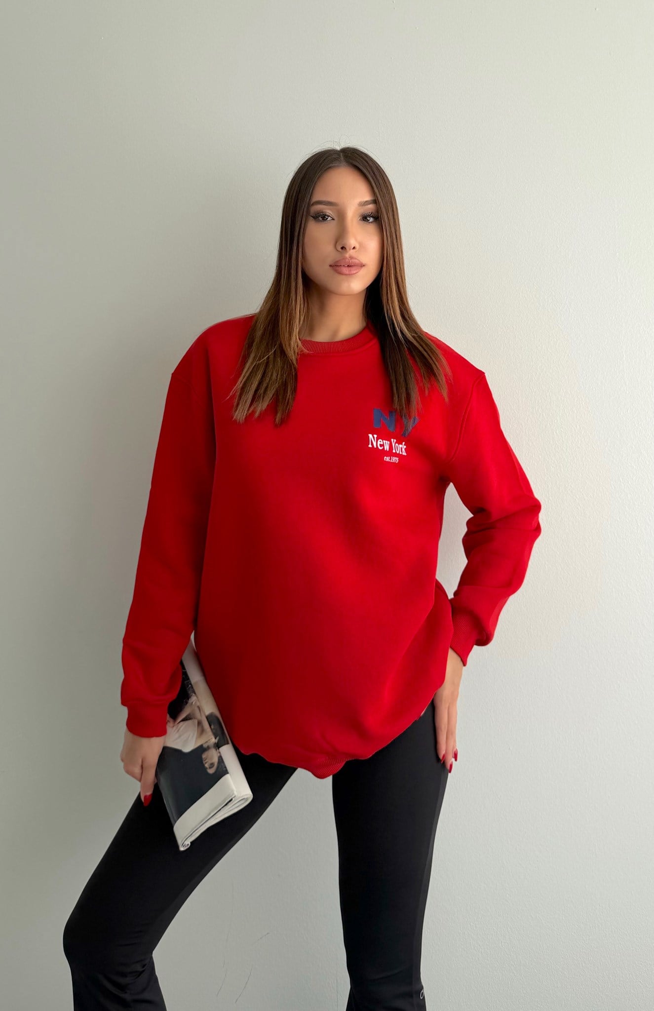 Bisiklet Yaka Yan NY Baskı Sweatshırt KIRMIZI