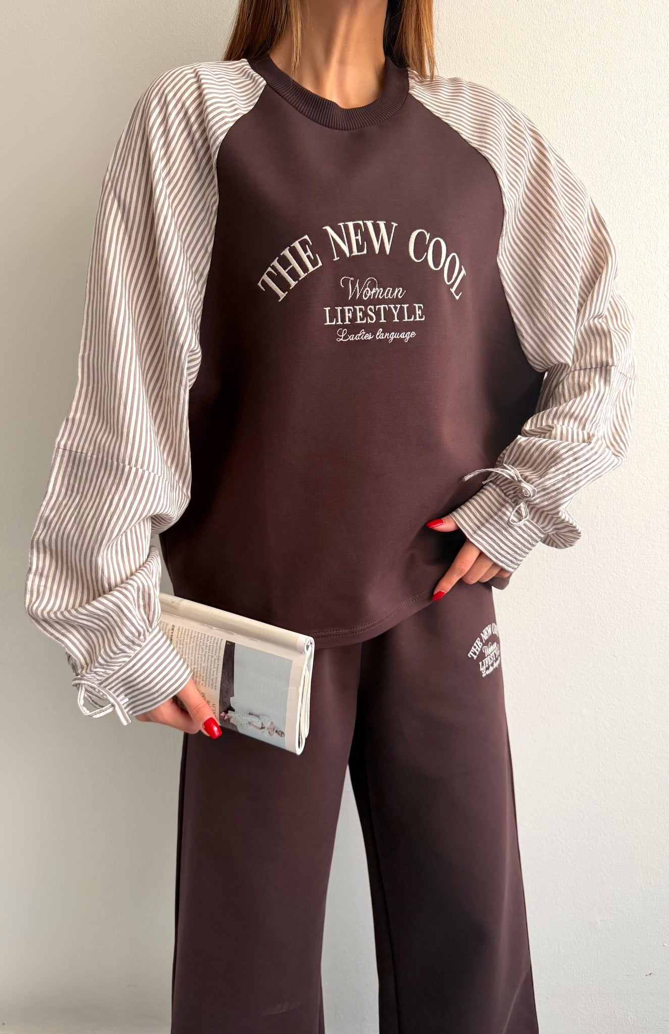 Çizgi Detaylı Sweatshırt KAHVERENGİ