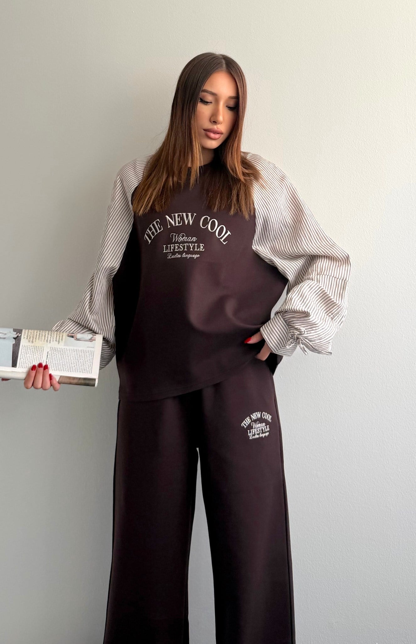 Çizgi Detaylı Sweatshırt KAHVERENGİ