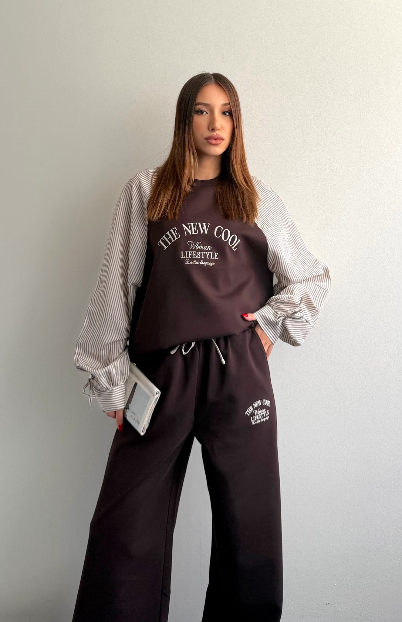 Çizgi Detaylı Sweatshırt KAHVERENGİ