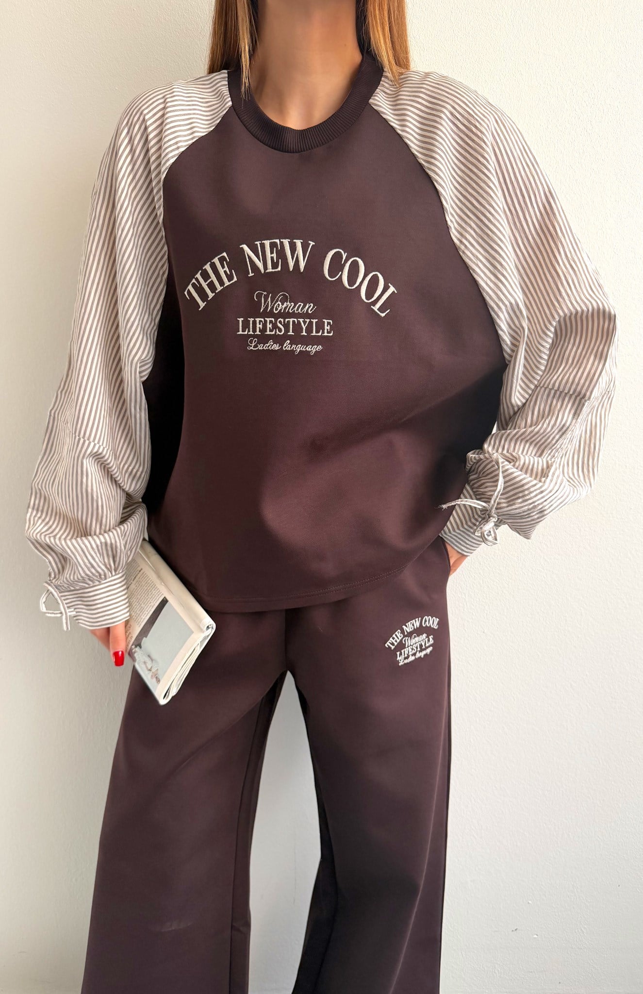 Çizgi Detaylı Sweatshırt KAHVERENGİ