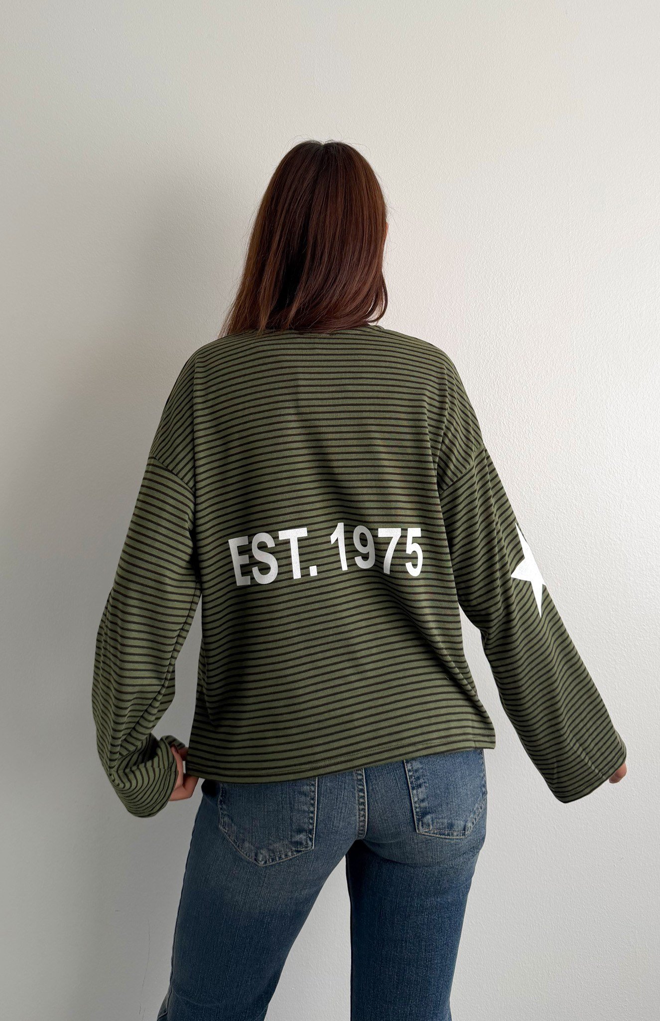 Çizgili Yazılı Sweatshırt HAKİ