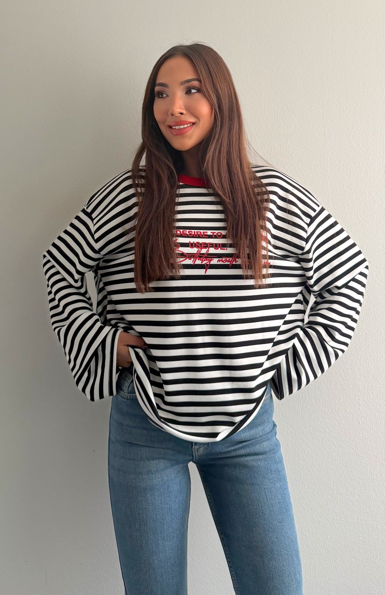 Çizgili Yazılı Sweatshırt KIRMIZI