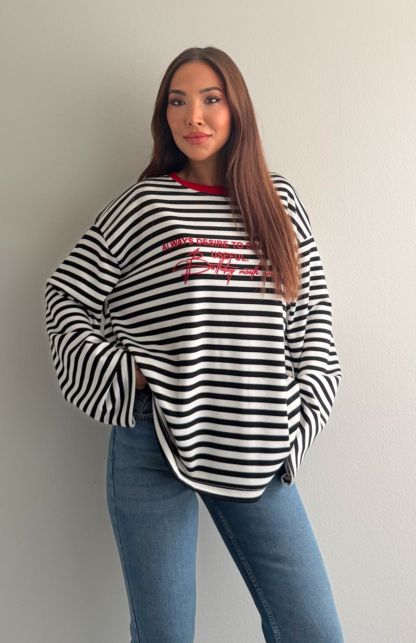 Çizgili Yazılı Sweatshırt KIRMIZI