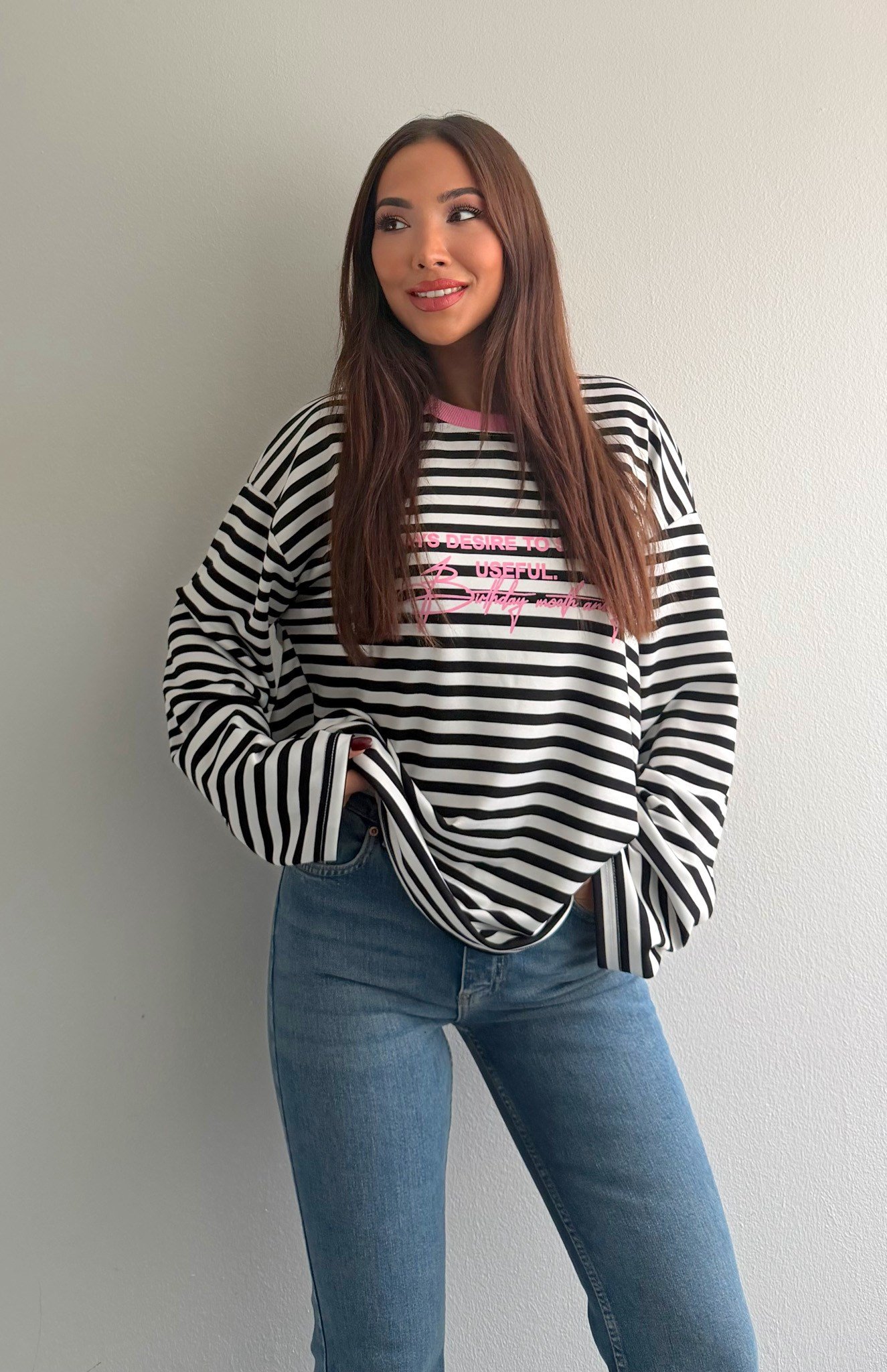 Çizgili Yazılı Sweatshırt PEMBE