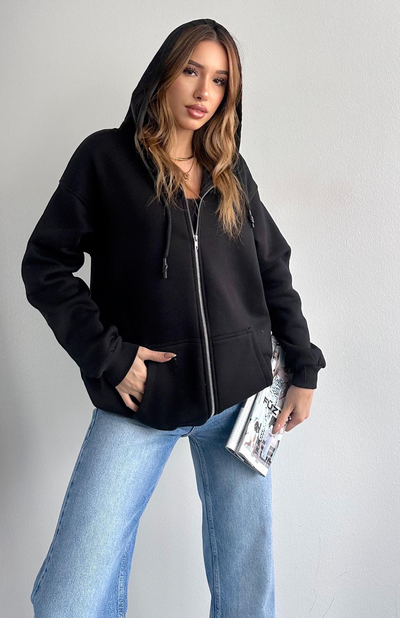 Fermuarkı Kanguru Cepli Kapşonlu Sweatshırt SİYAH