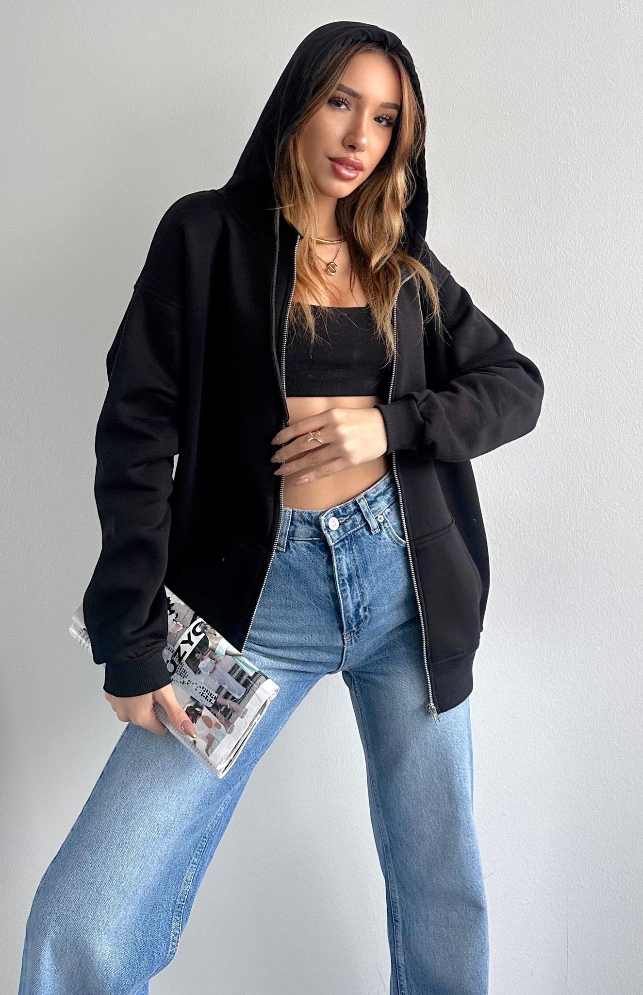 Fermuarkı Kanguru Cepli Kapşonlu Sweatshırt SİYAH