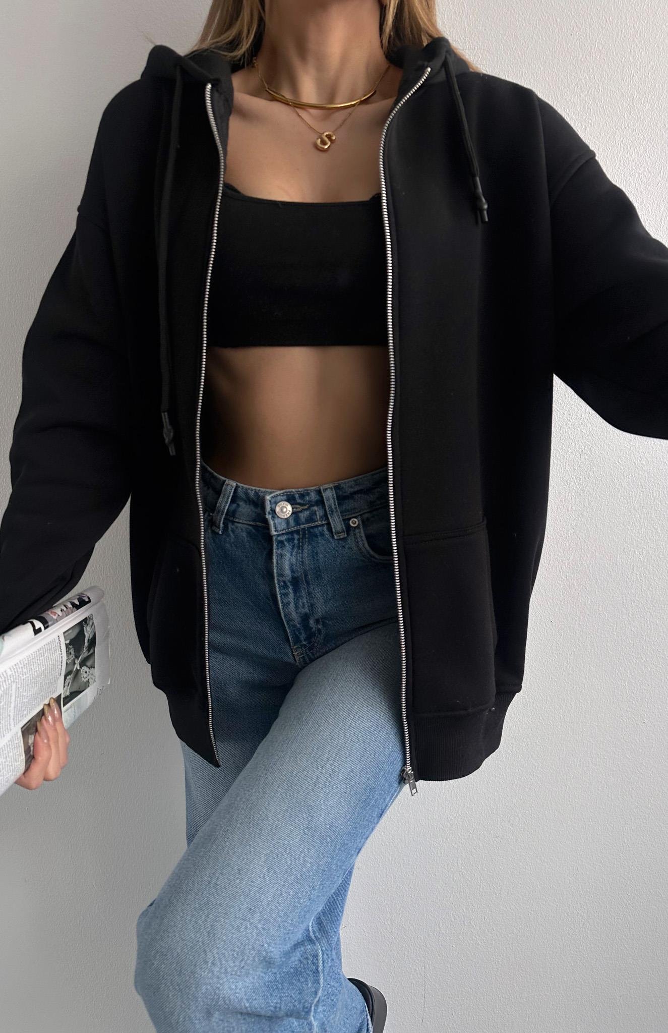 Fermuarkı Kanguru Cepli Kapşonlu Sweatshırt SİYAH