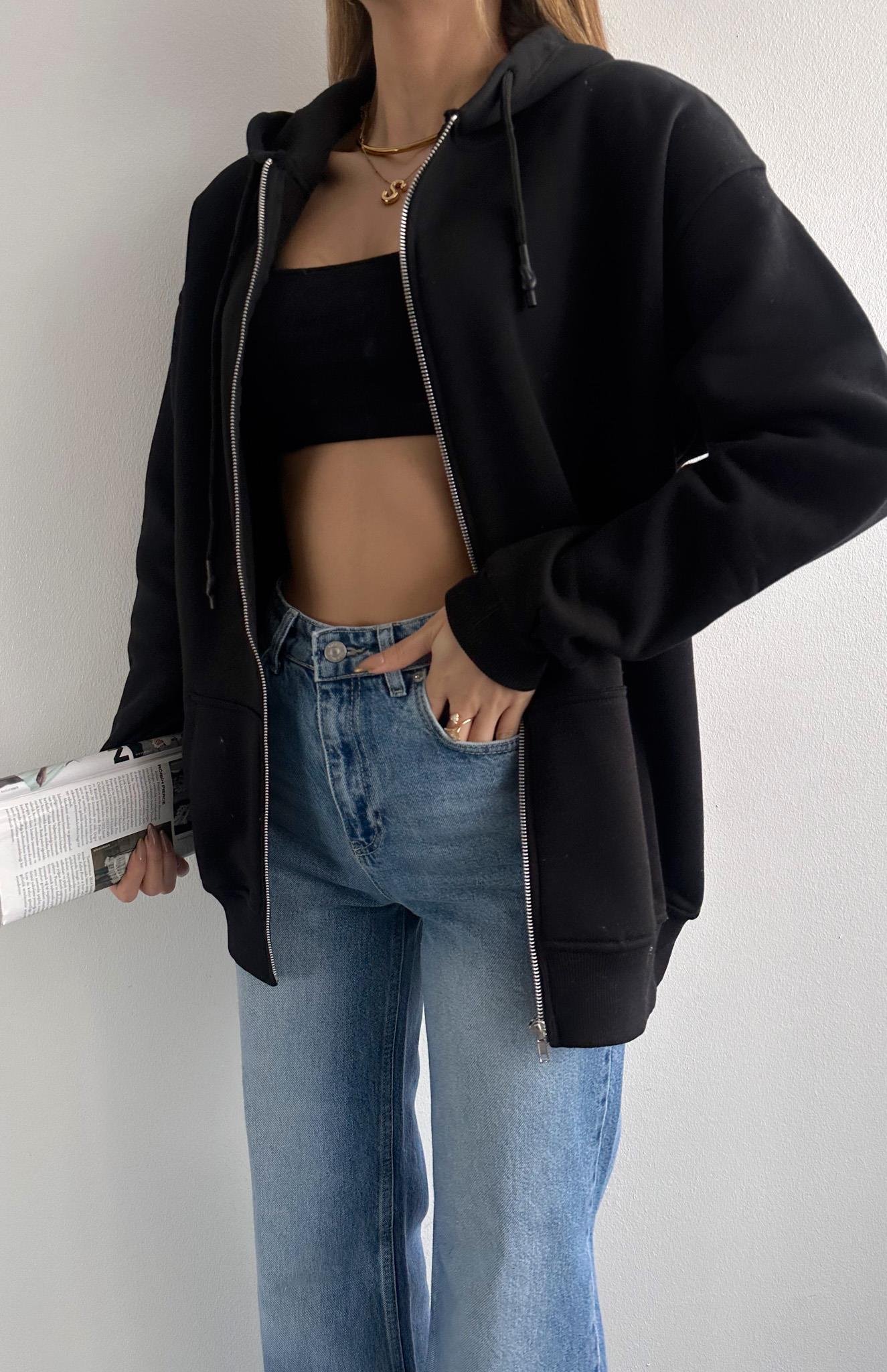 Fermuarkı Kanguru Cepli Kapşonlu Sweatshırt SİYAH