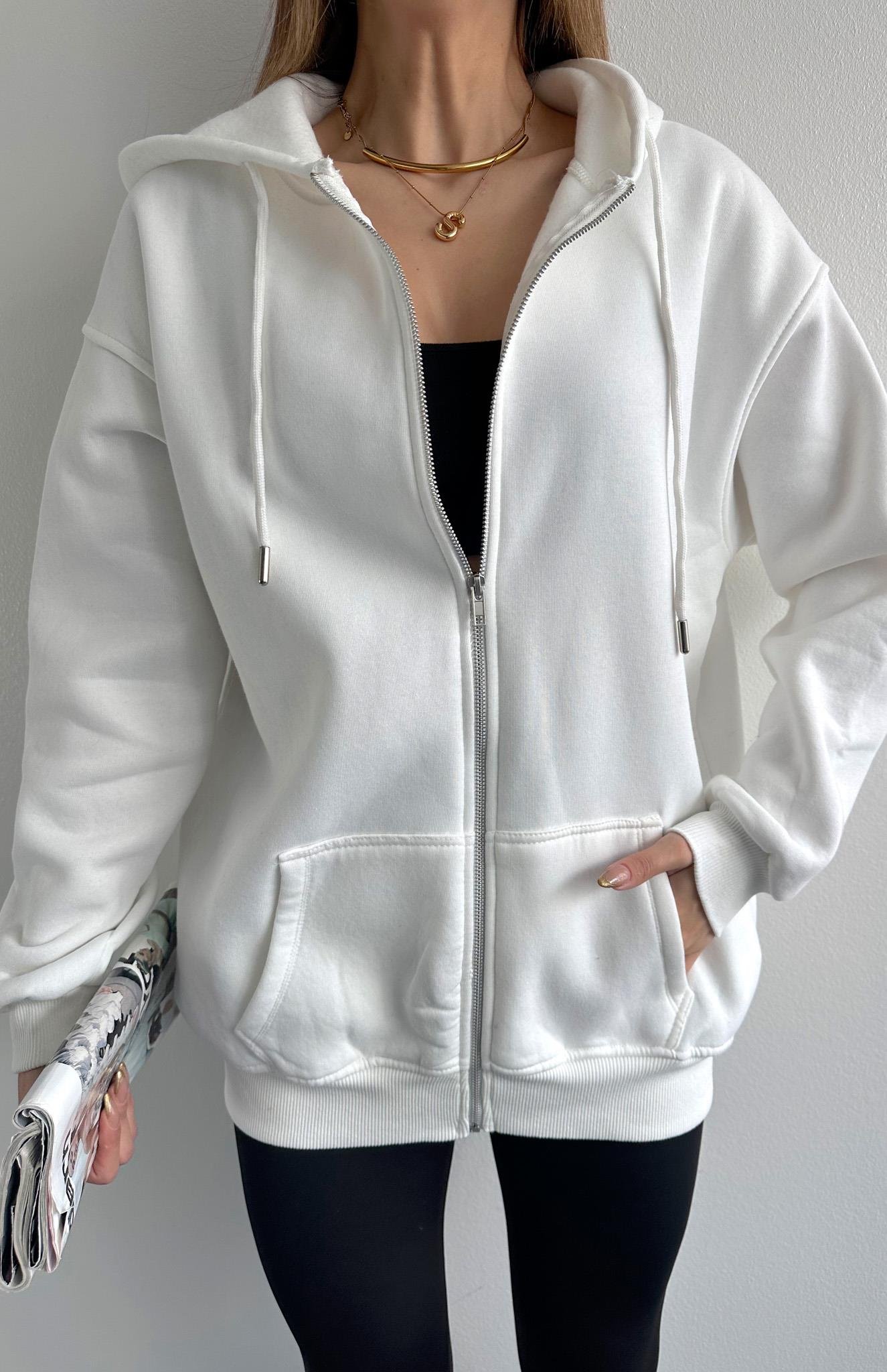 Fermuarkı Kanguru Cepli Kapşonlu Sweatshırt EKRU