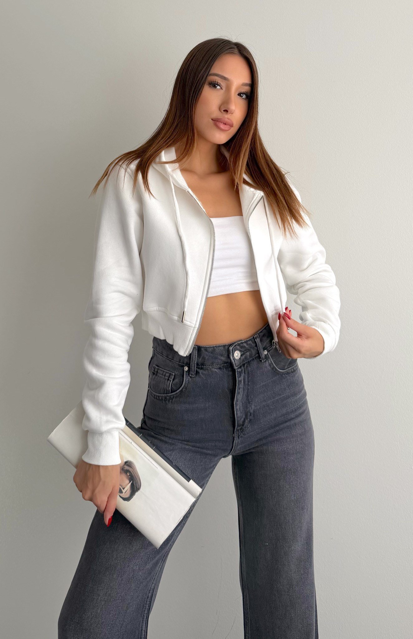 Fermuarlı Crop Sweatshırt EKRU
