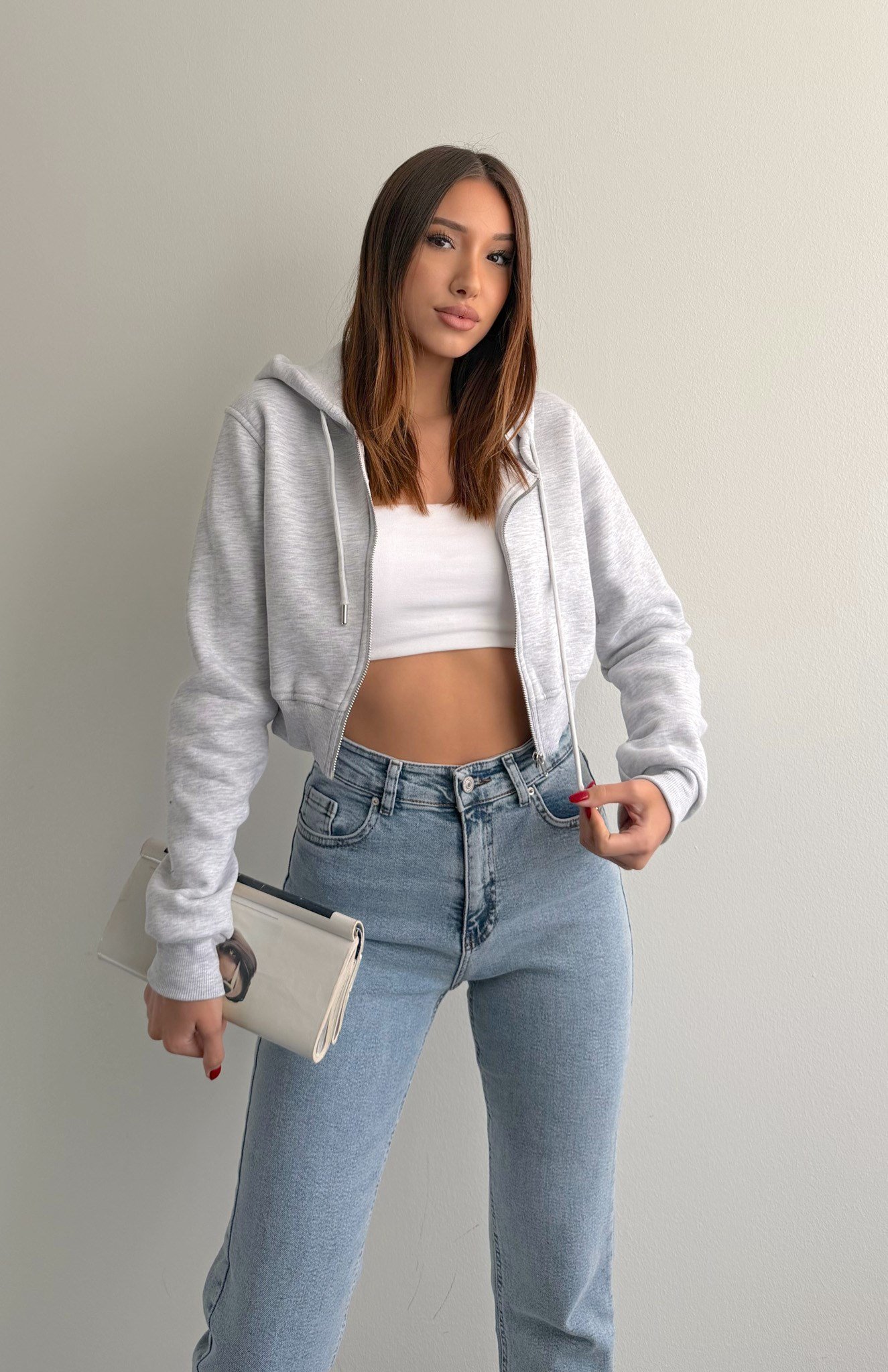 Fermuarlı Crop Sweatshırt GRİ