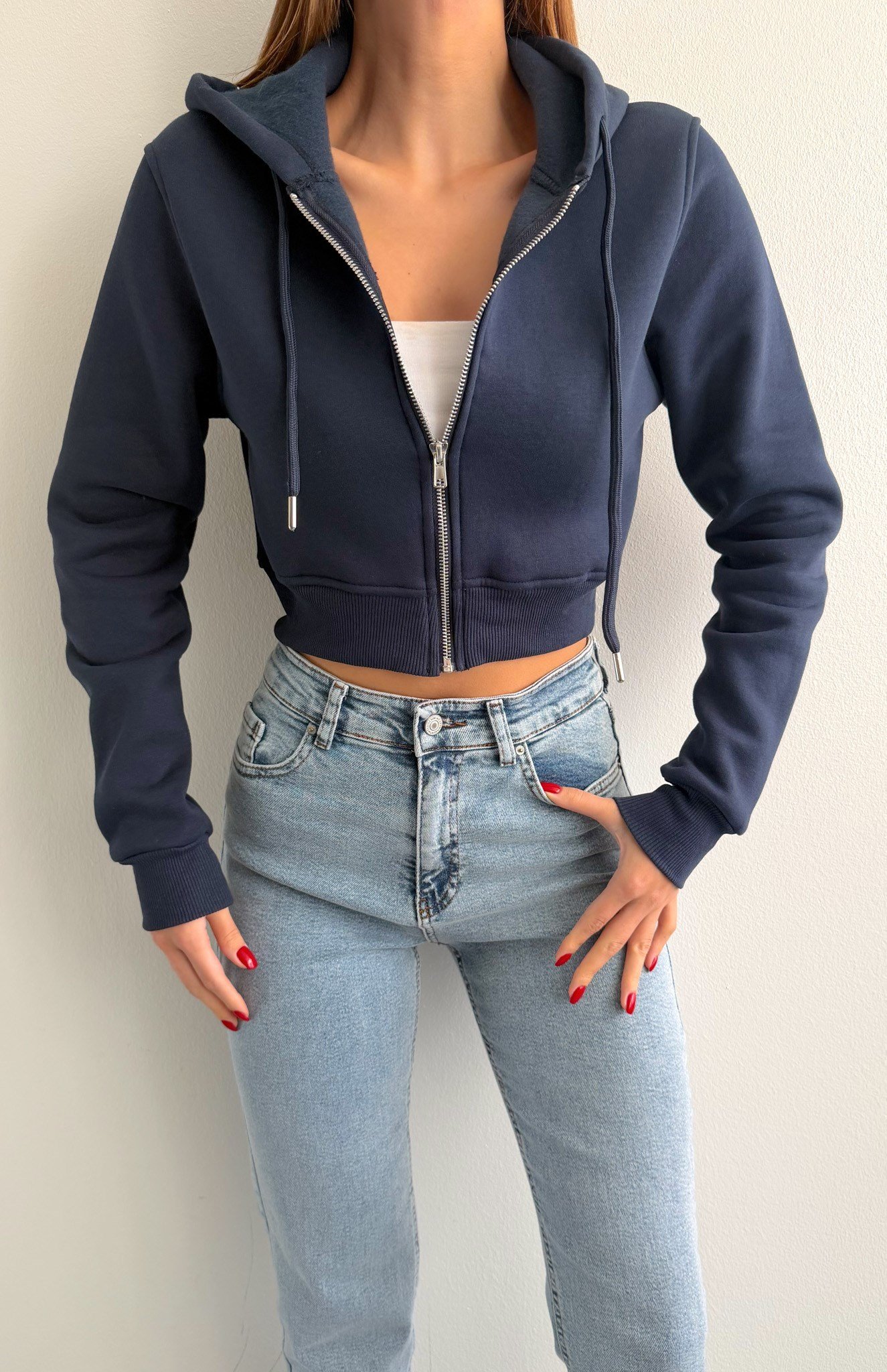Fermuarlı Crop Sweatshırt LACİVERT