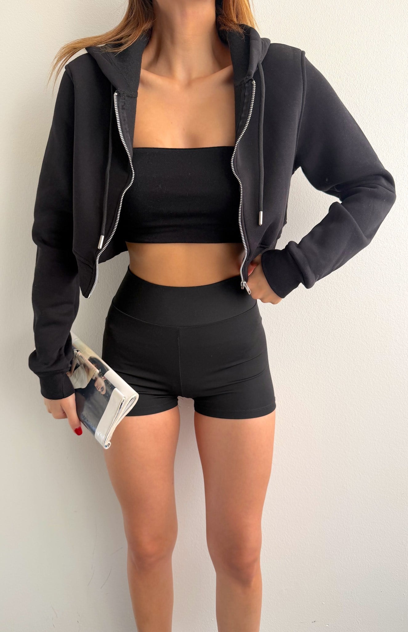 Fermuarlı Crop Sweatshırt SİYAH