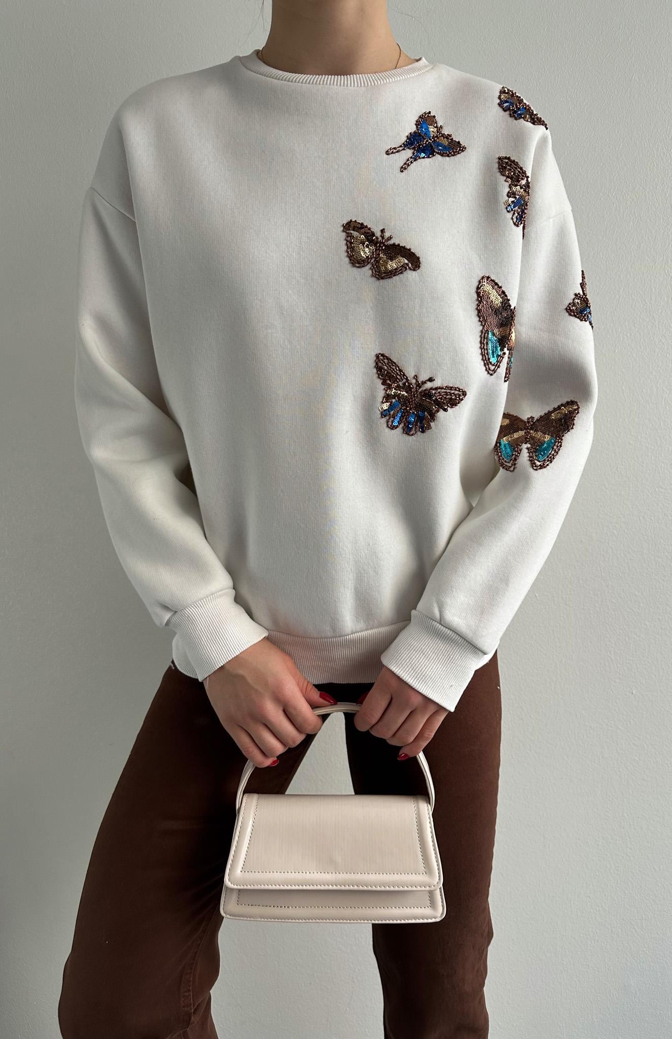 Kelebek Pullu Sweatshırt EKRU