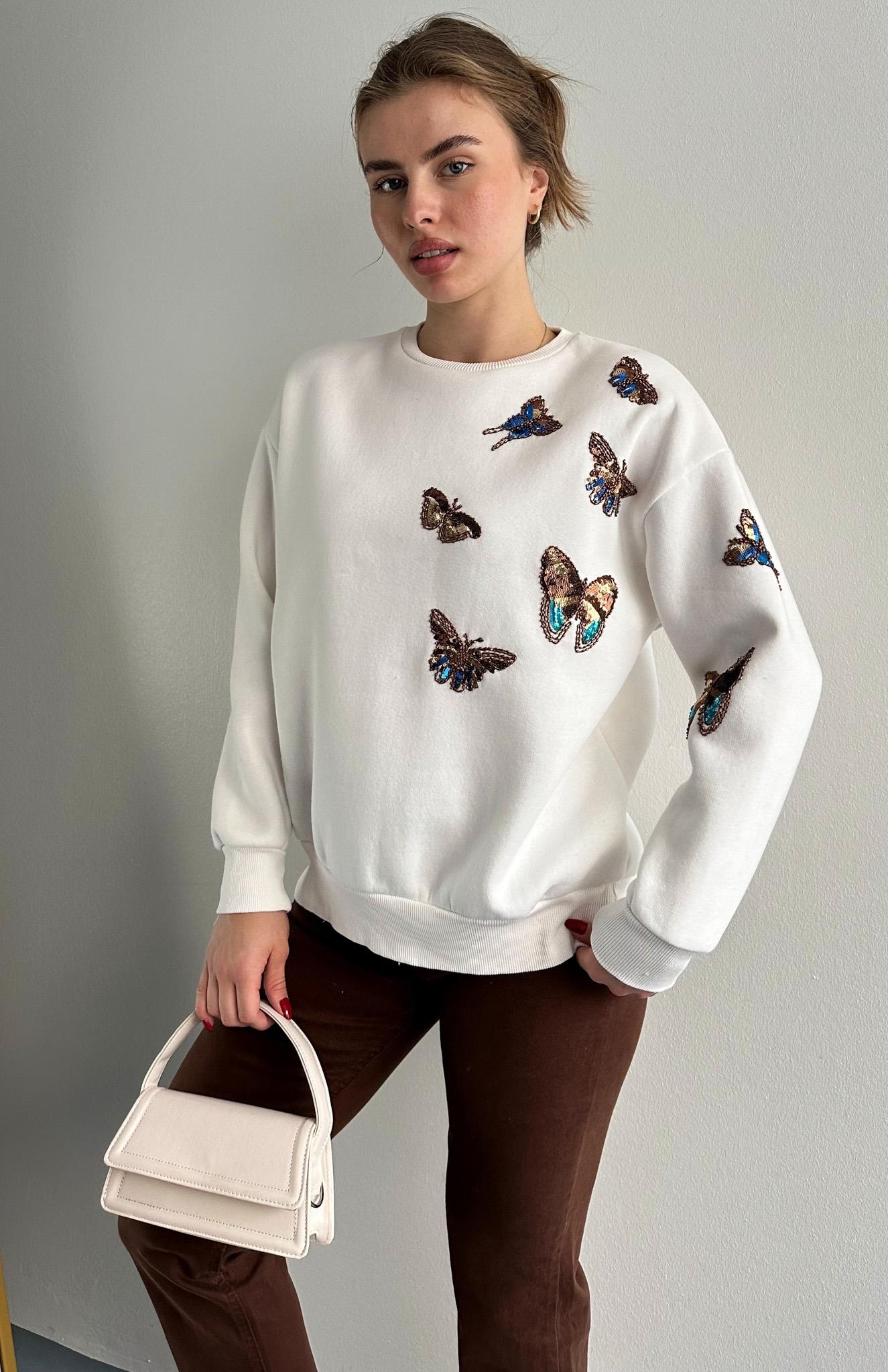 Kelebek Pullu Sweatshırt EKRU