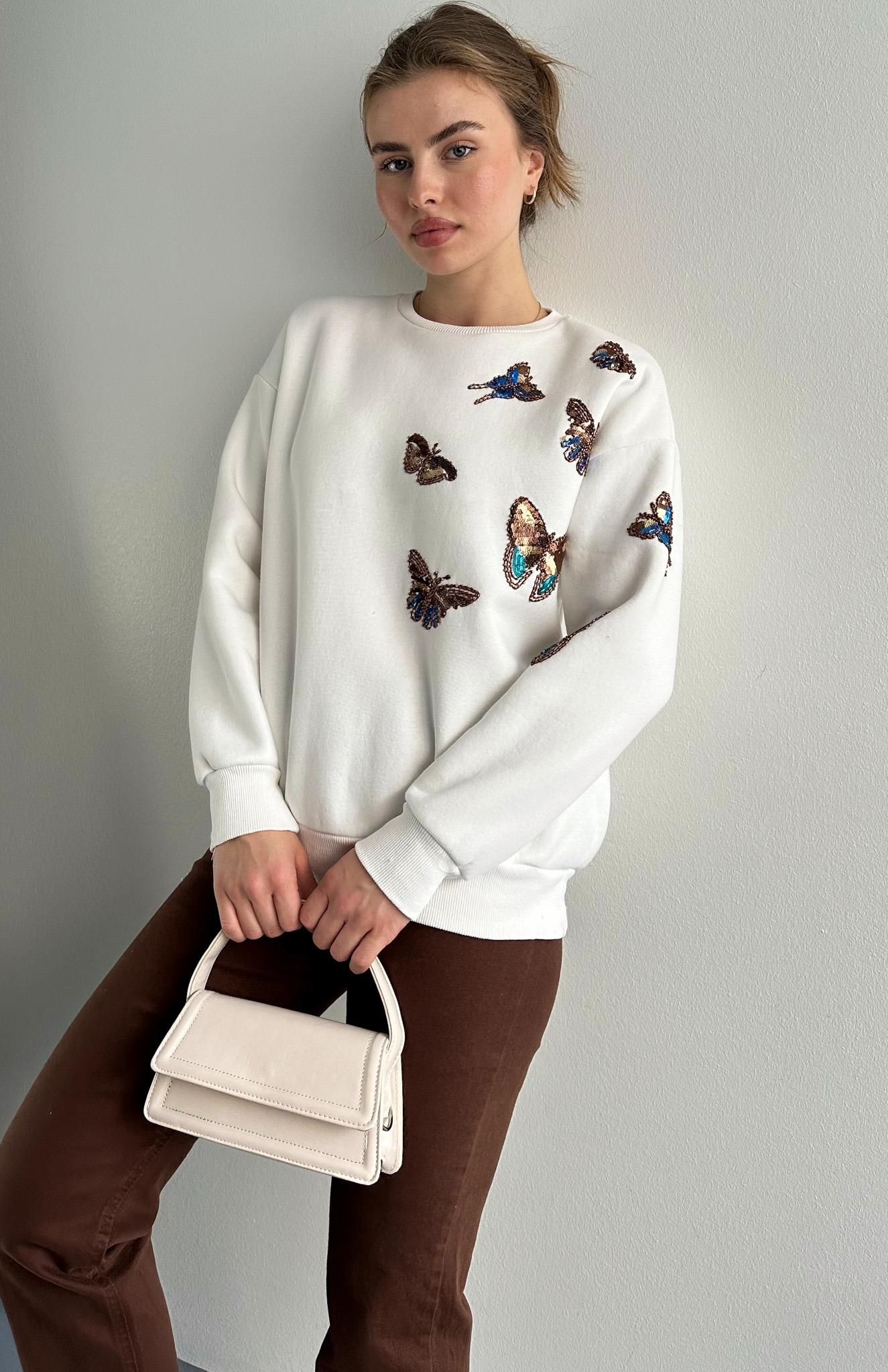 Kelebek Pullu Sweatshırt EKRU