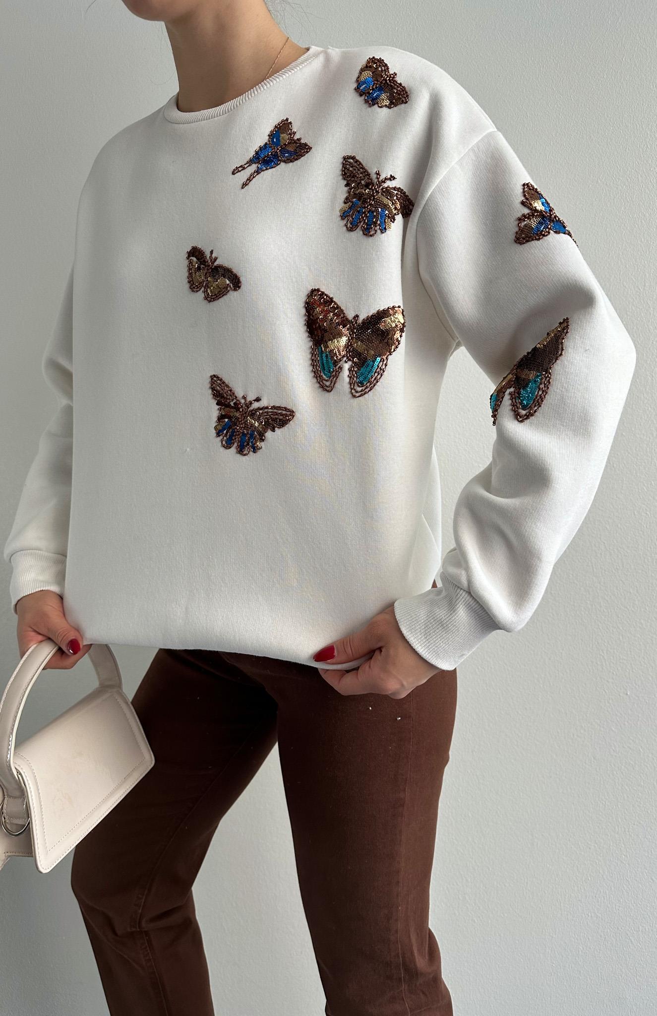 Kelebek Pullu Sweatshırt EKRU