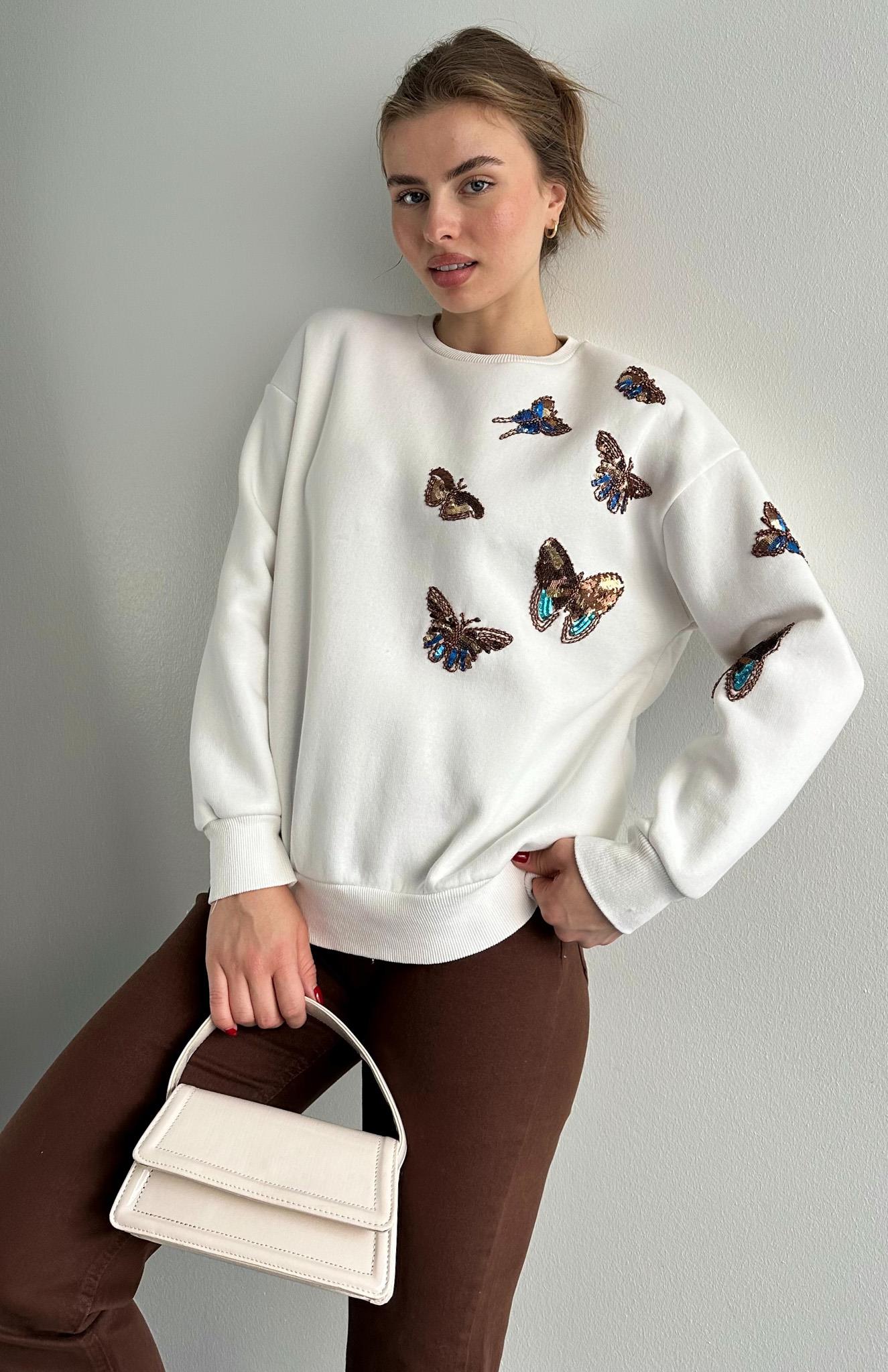 Kelebek Pullu Sweatshırt EKRU