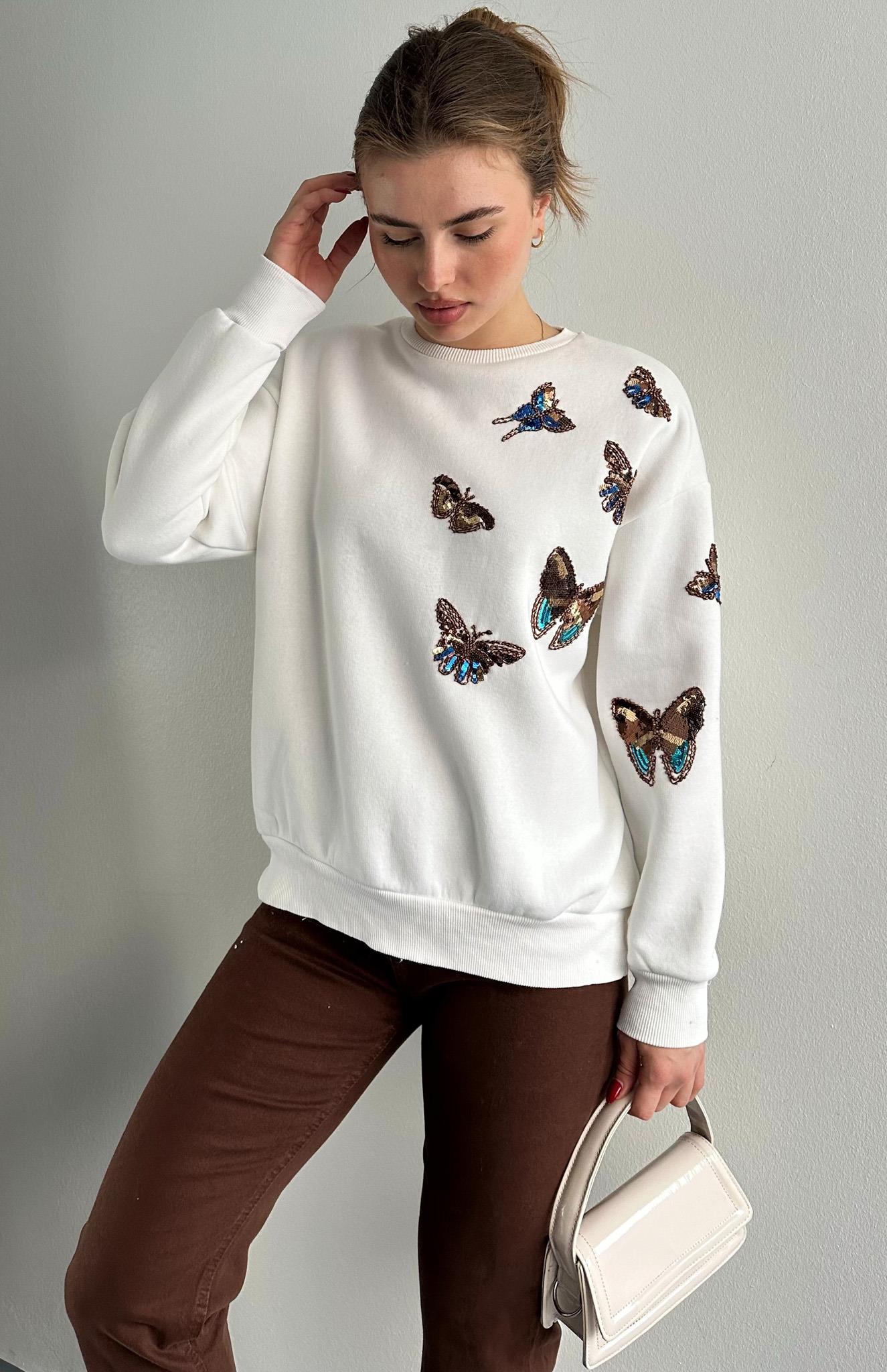Kelebek Pullu Sweatshırt EKRU