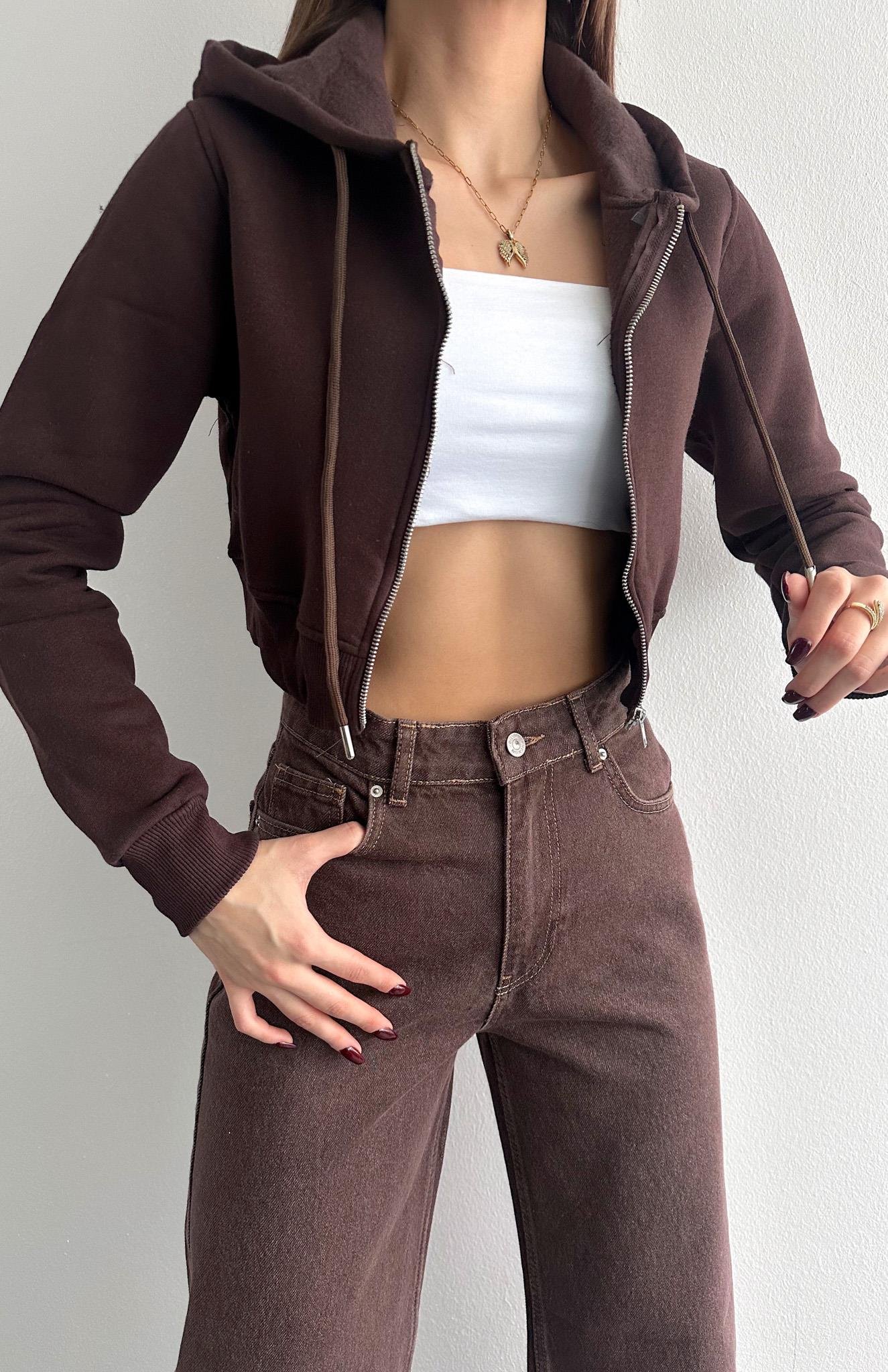 Kısa Fermuarlı Sweatshırt KAHVERENGİ