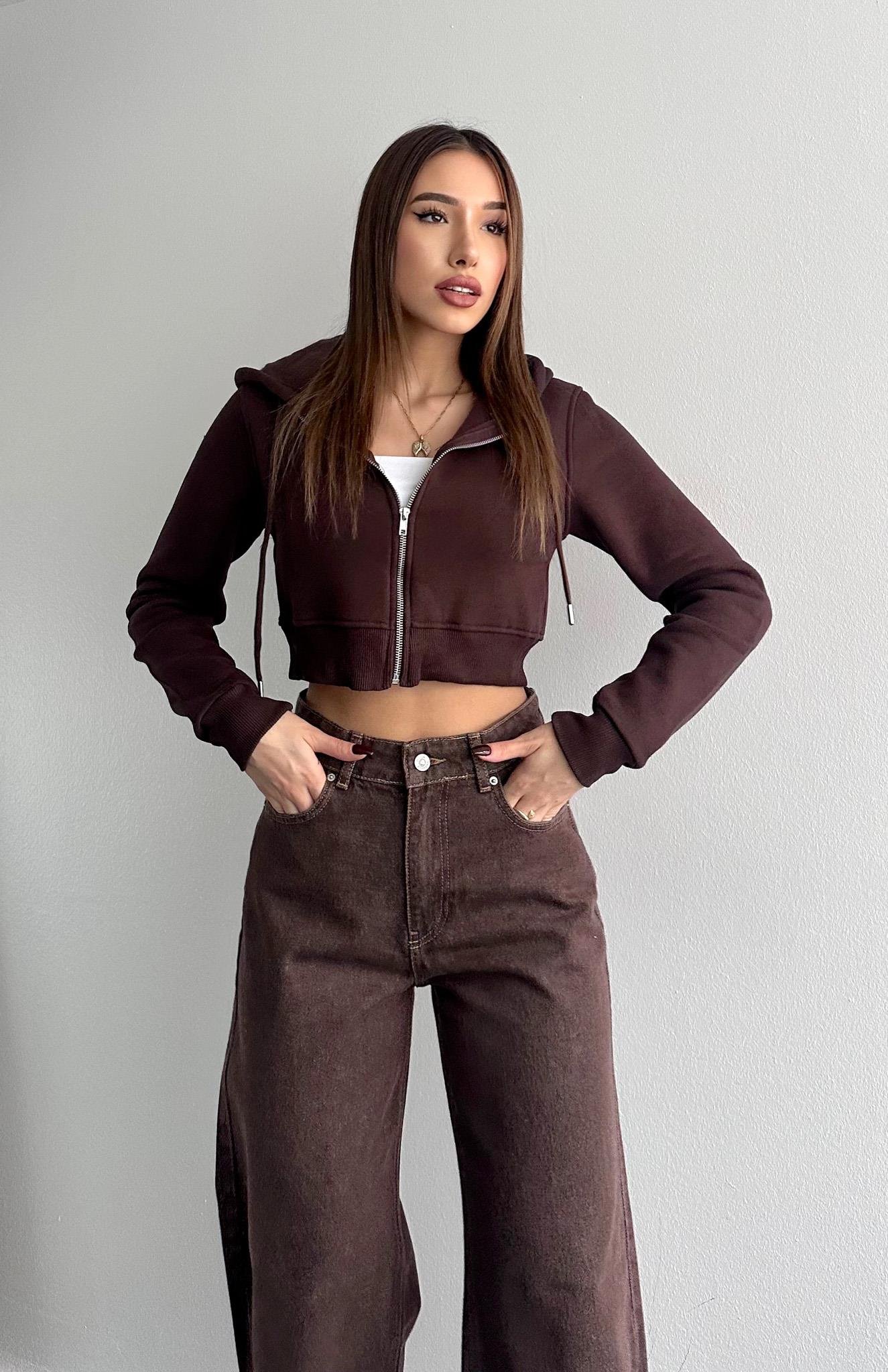 Kısa Fermuarlı Sweatshırt KAHVERENGİ