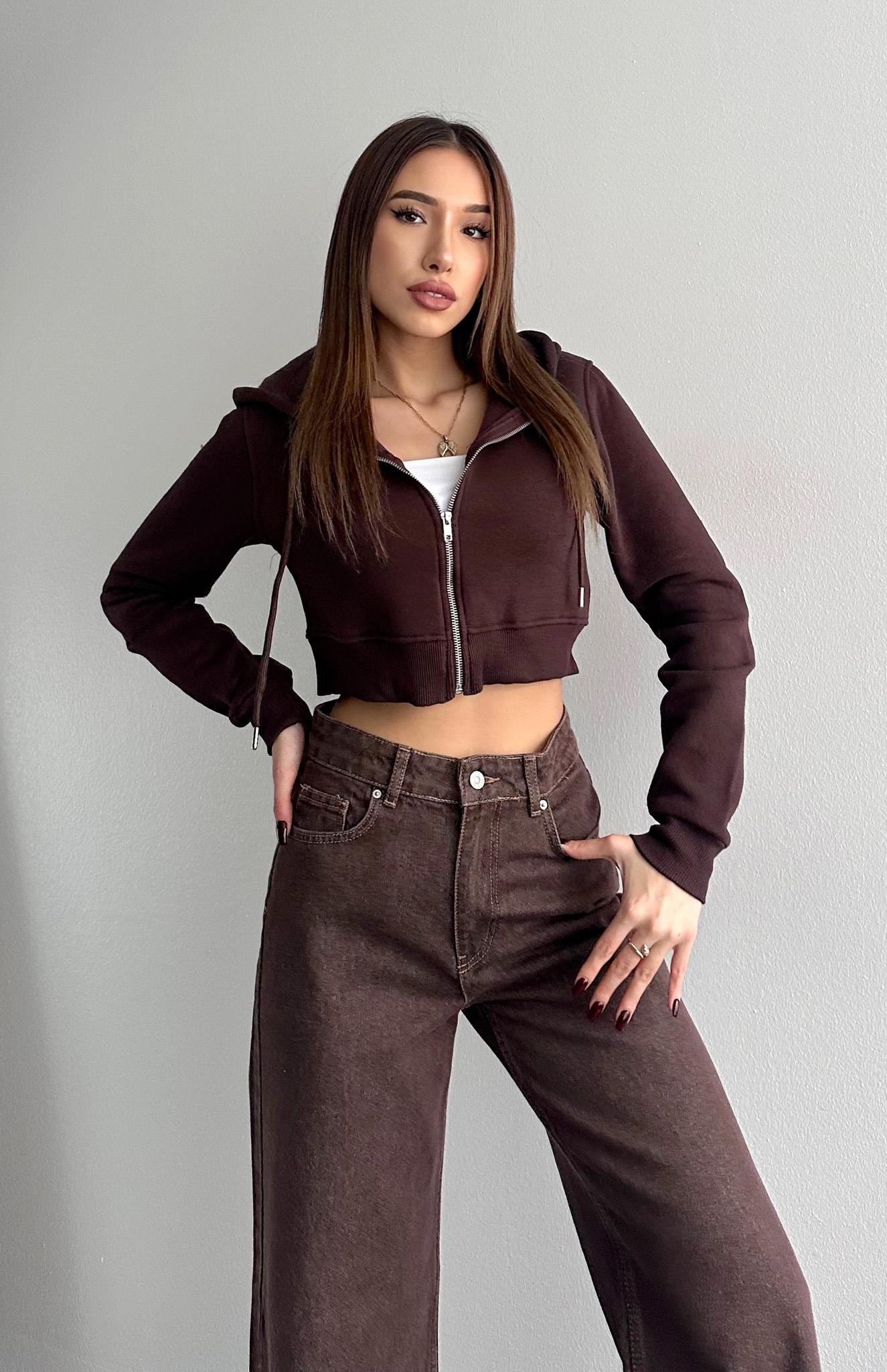 Kısa Fermuarlı Sweatshırt KAHVERENGİ