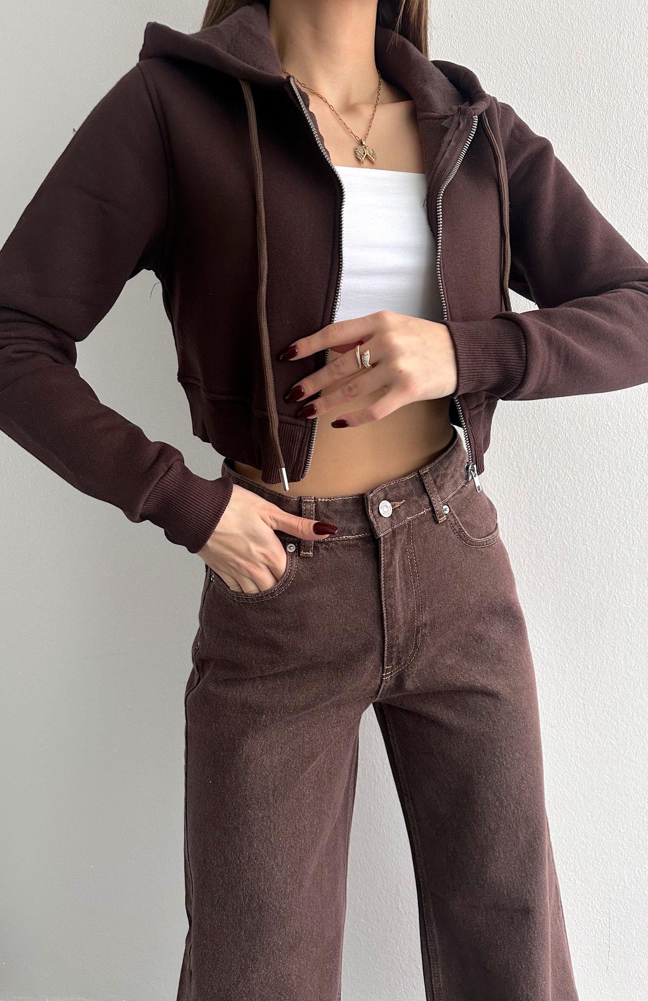 Kısa Fermuarlı Sweatshırt KAHVERENGİ