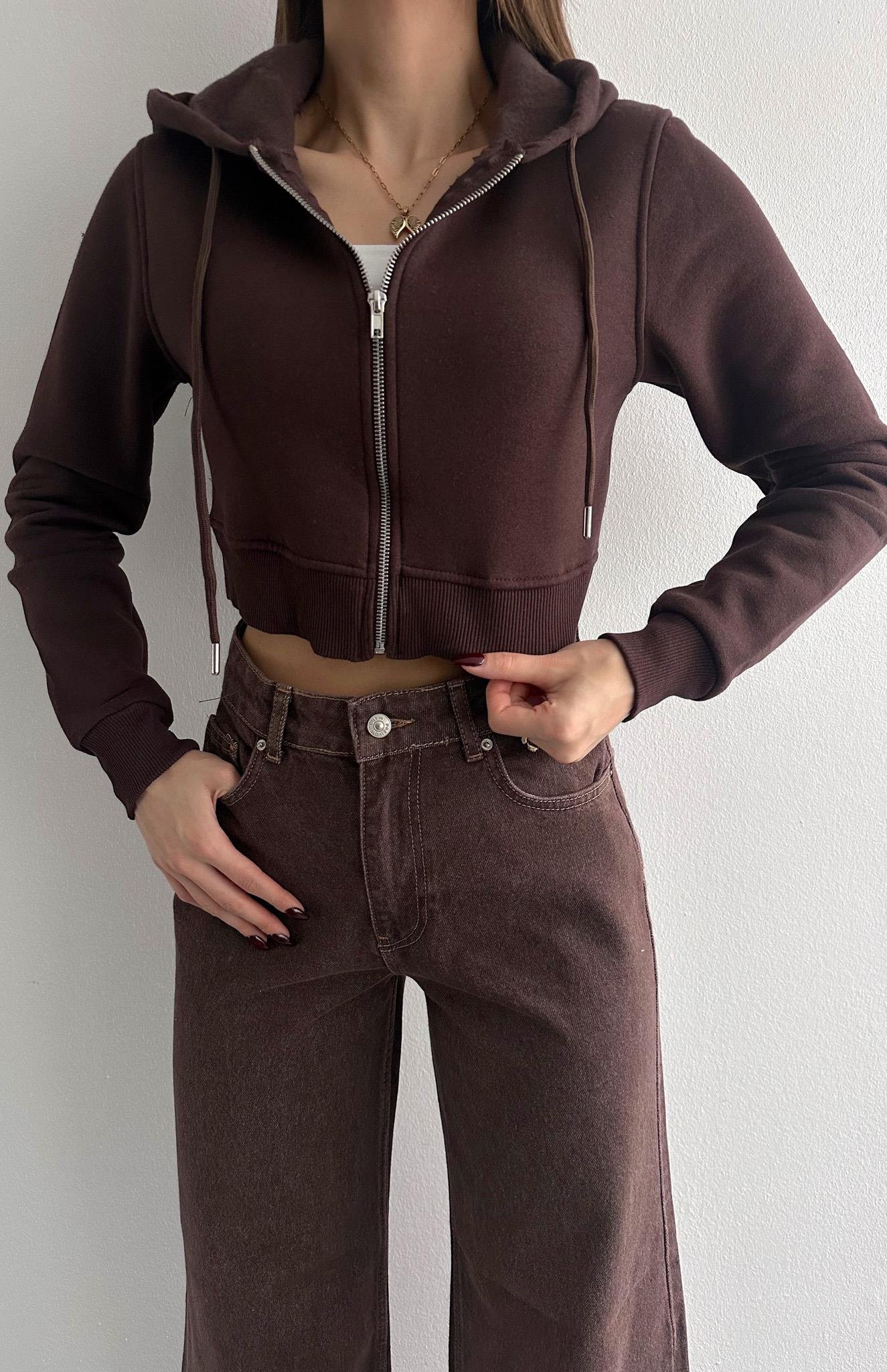 Kısa Fermuarlı Sweatshırt KAHVERENGİ