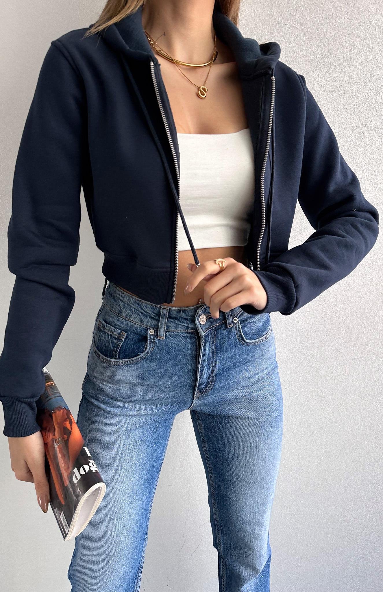 Kısa Fermuarlı Sweatshırt LACİVERT