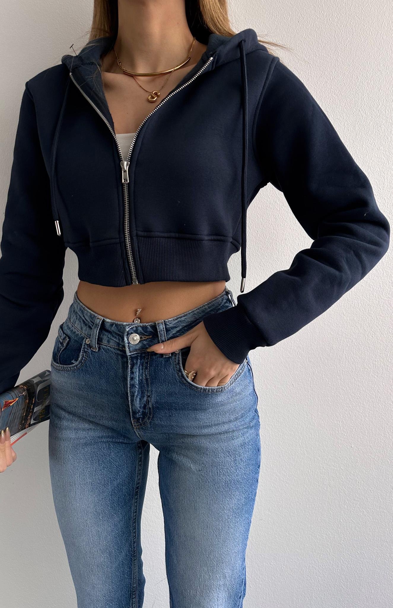 Kısa Fermuarlı Sweatshırt LACİVERT