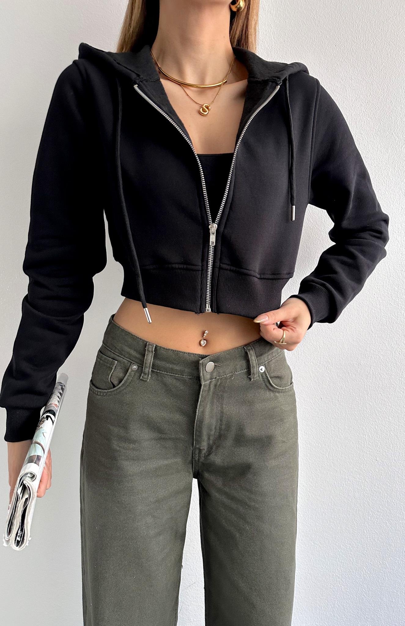 Kısa Fermuarlı Sweatshırt SİYAH