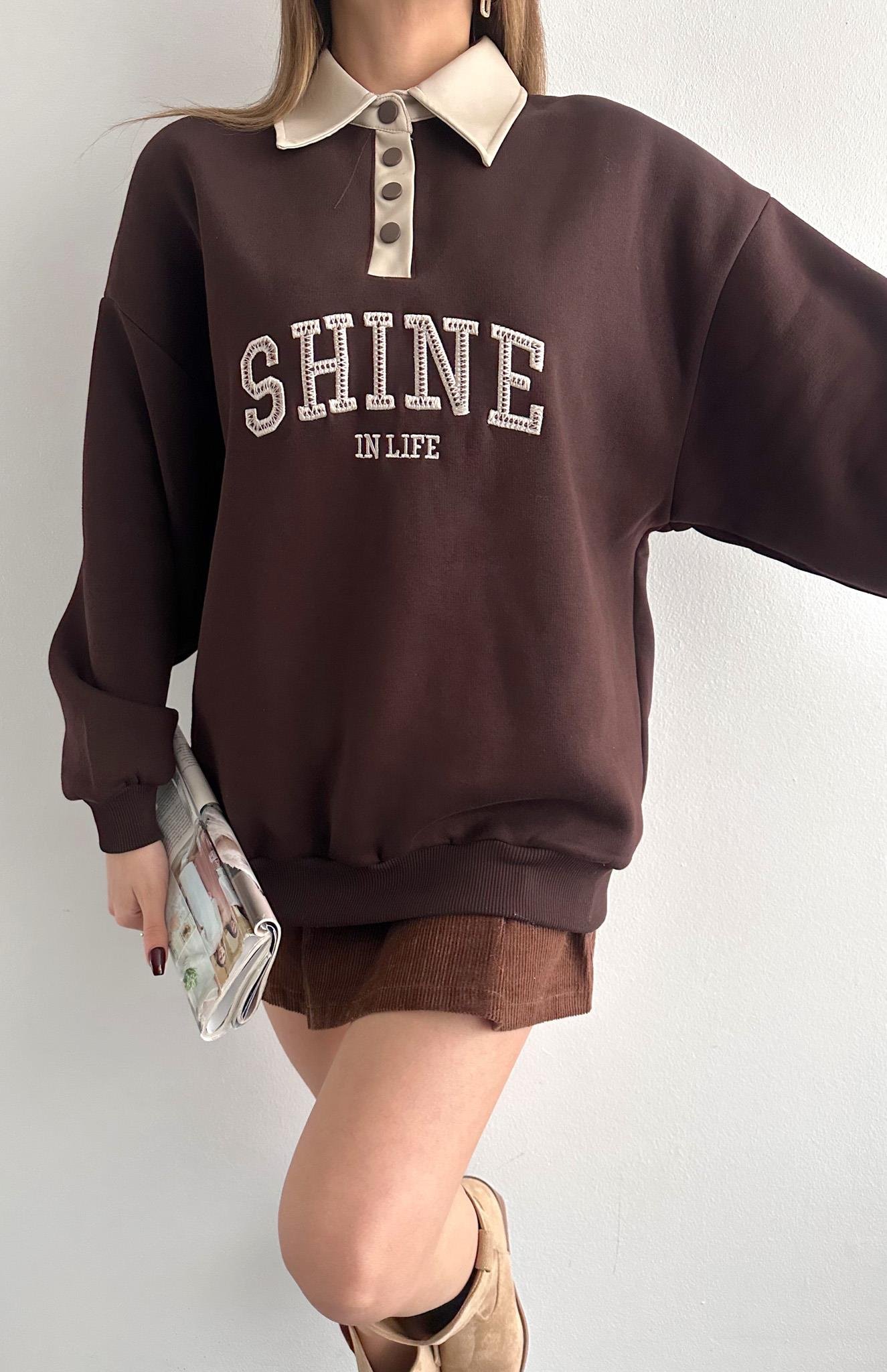 Kontrast Yaka Detaylı Sweatshırt KAHVERENGİ