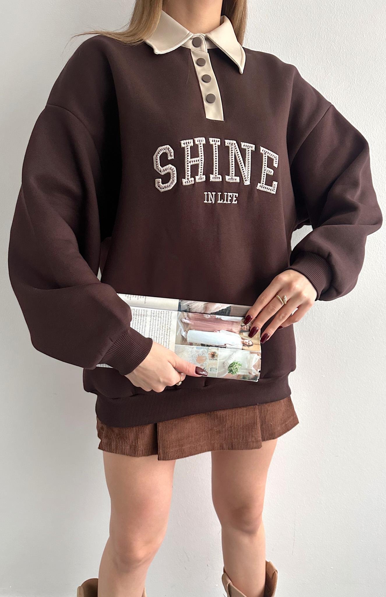 Kontrast Yaka Detaylı Sweatshırt KAHVERENGİ