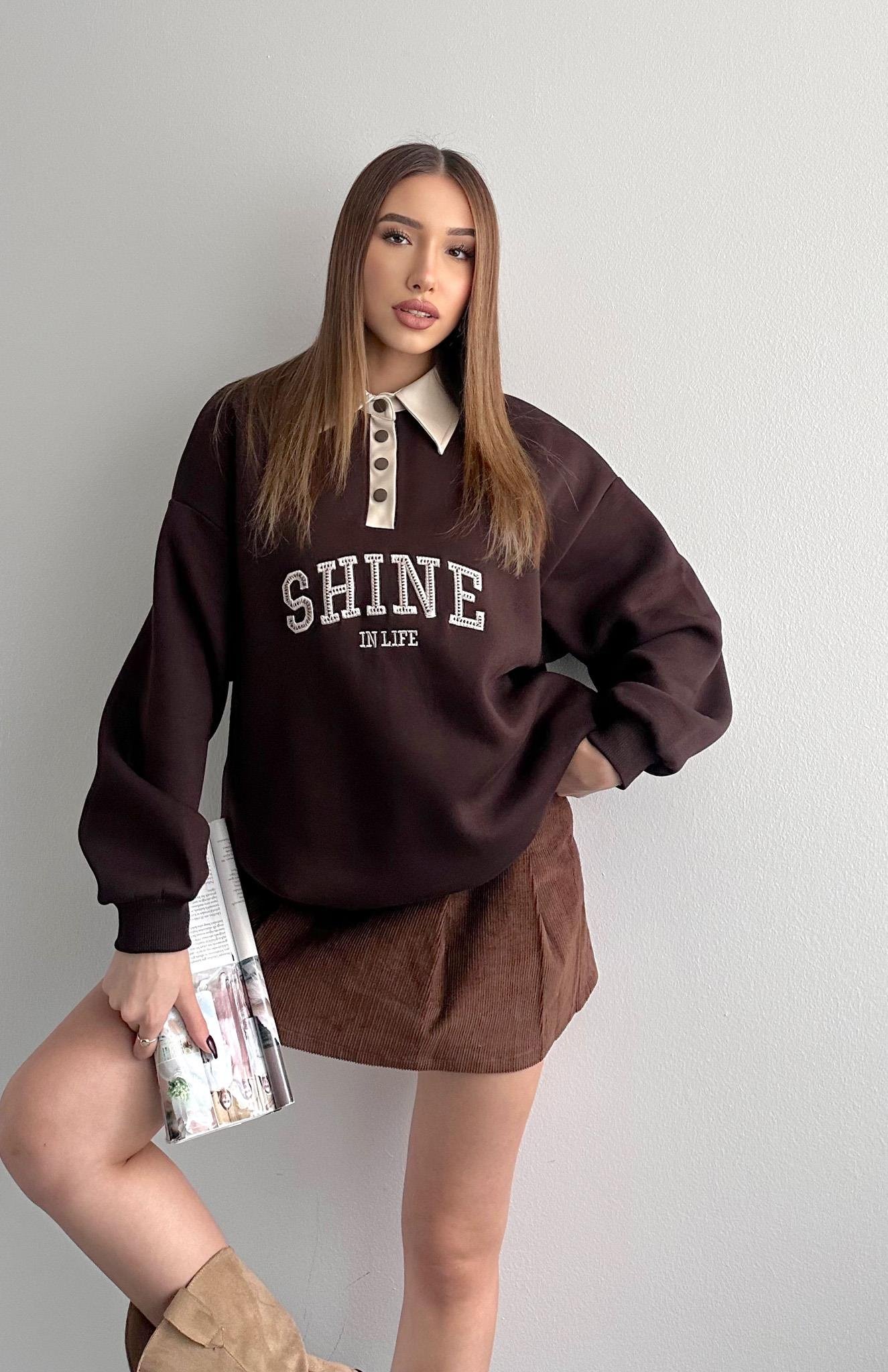 Kontrast Yaka Detaylı Sweatshırt KAHVERENGİ