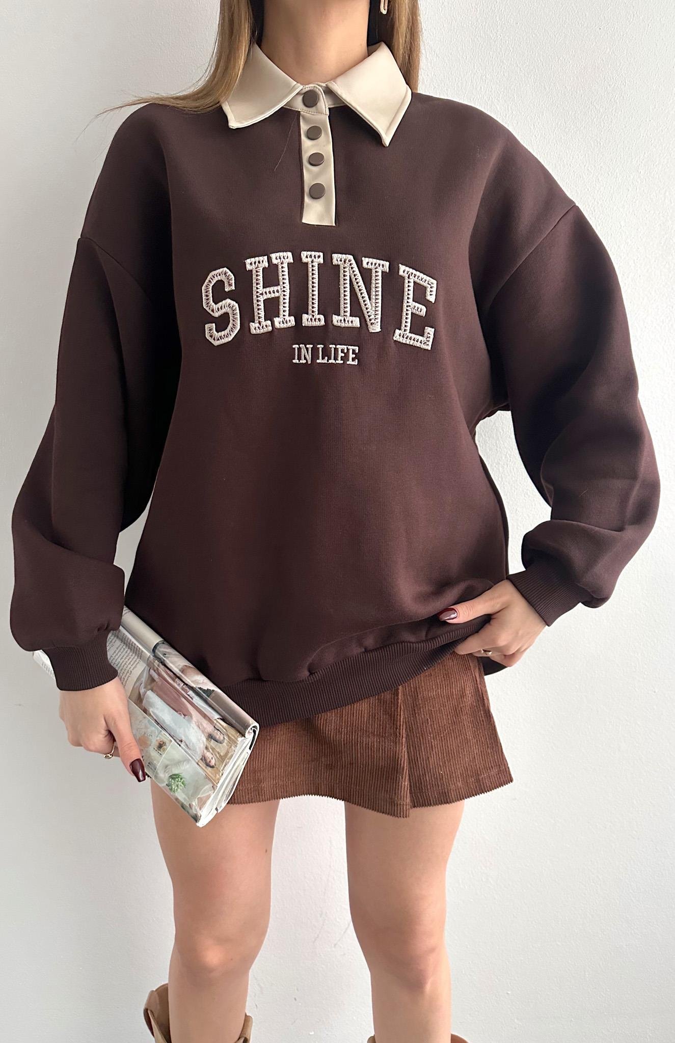 Kontrast Yaka Detaylı Sweatshırt KAHVERENGİ