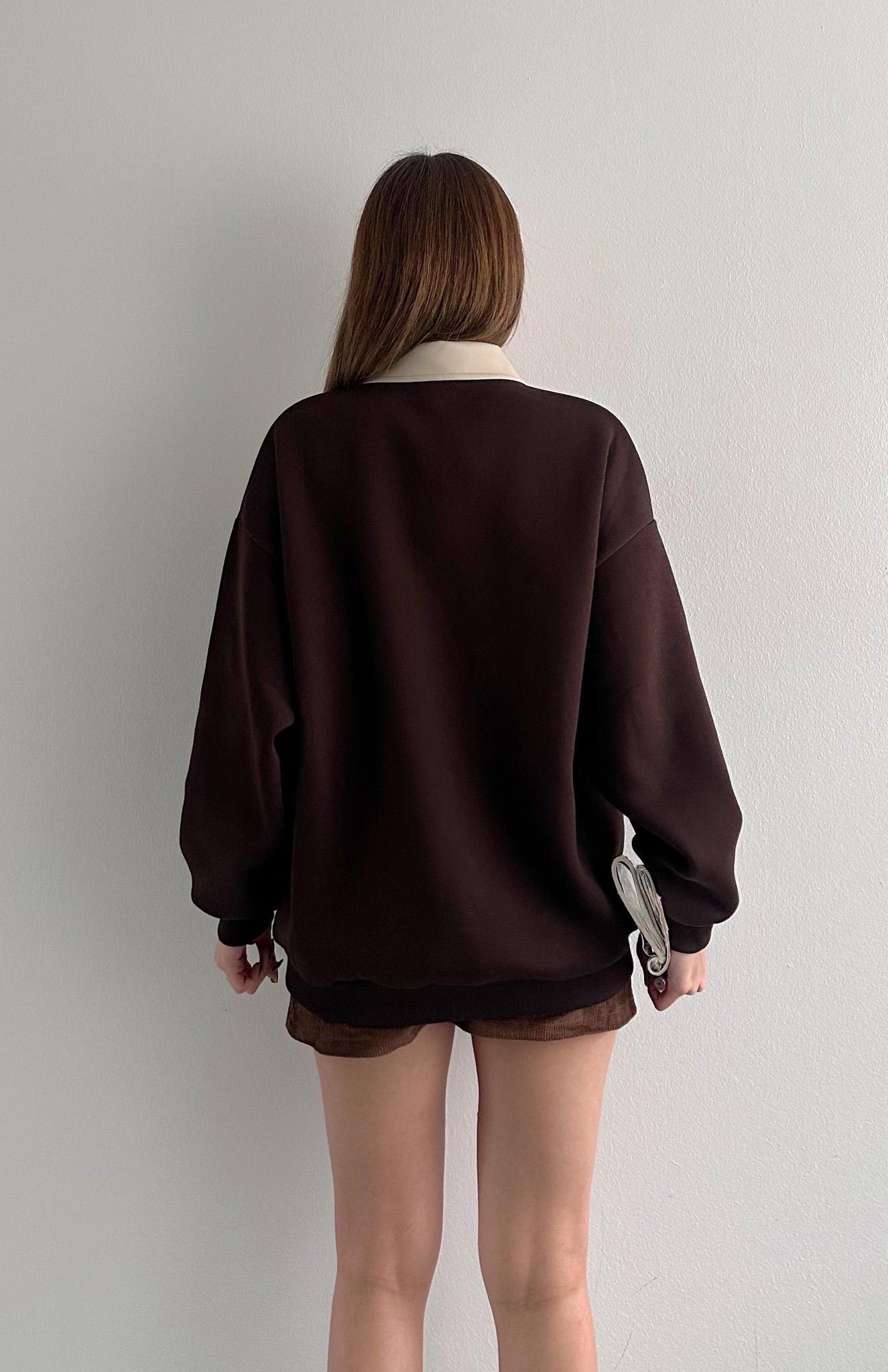 Kontrast Yaka Detaylı Sweatshırt KAHVERENGİ