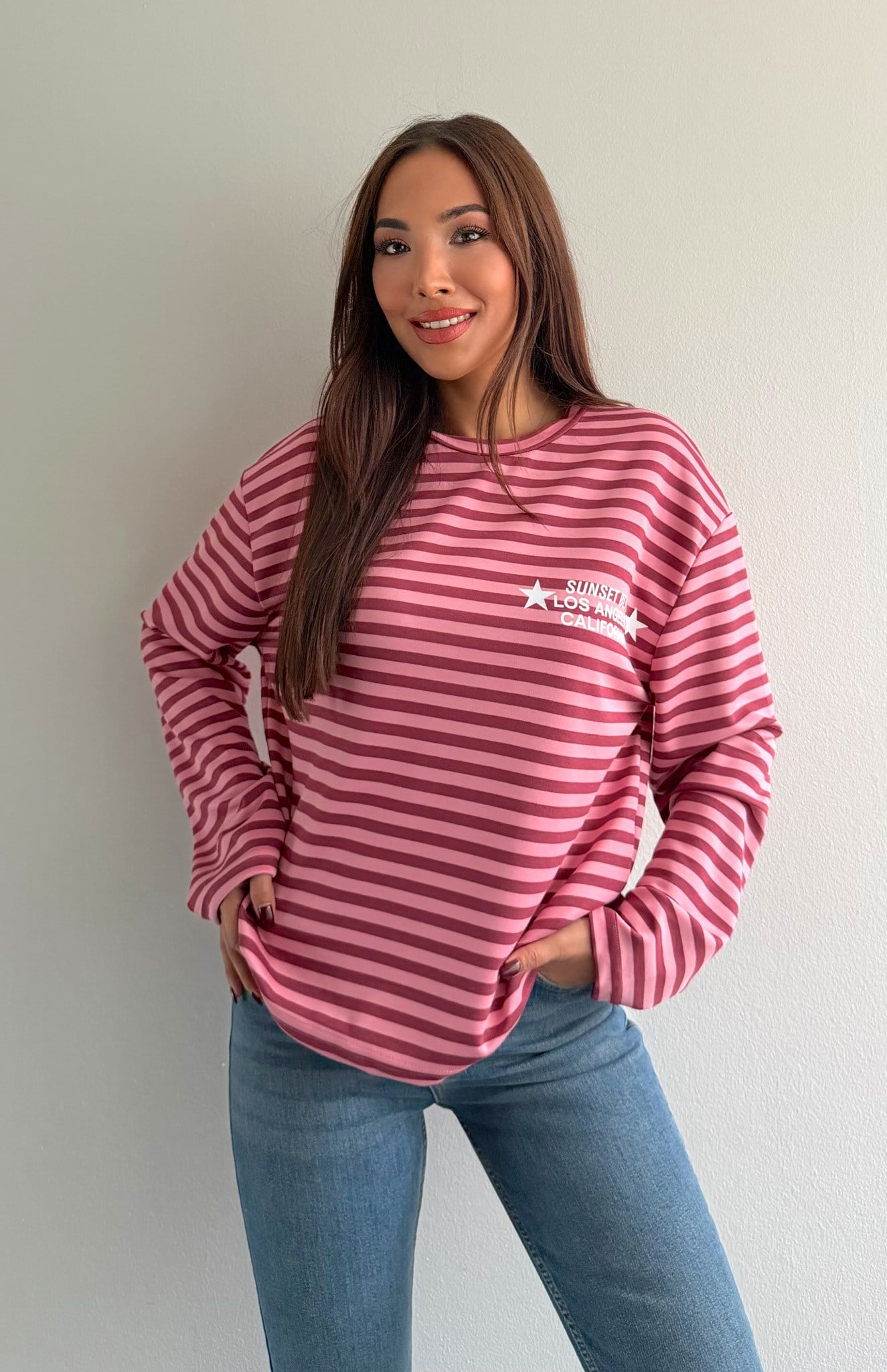 Modal Kumaş Çizgili Sweatshırt PEMBE